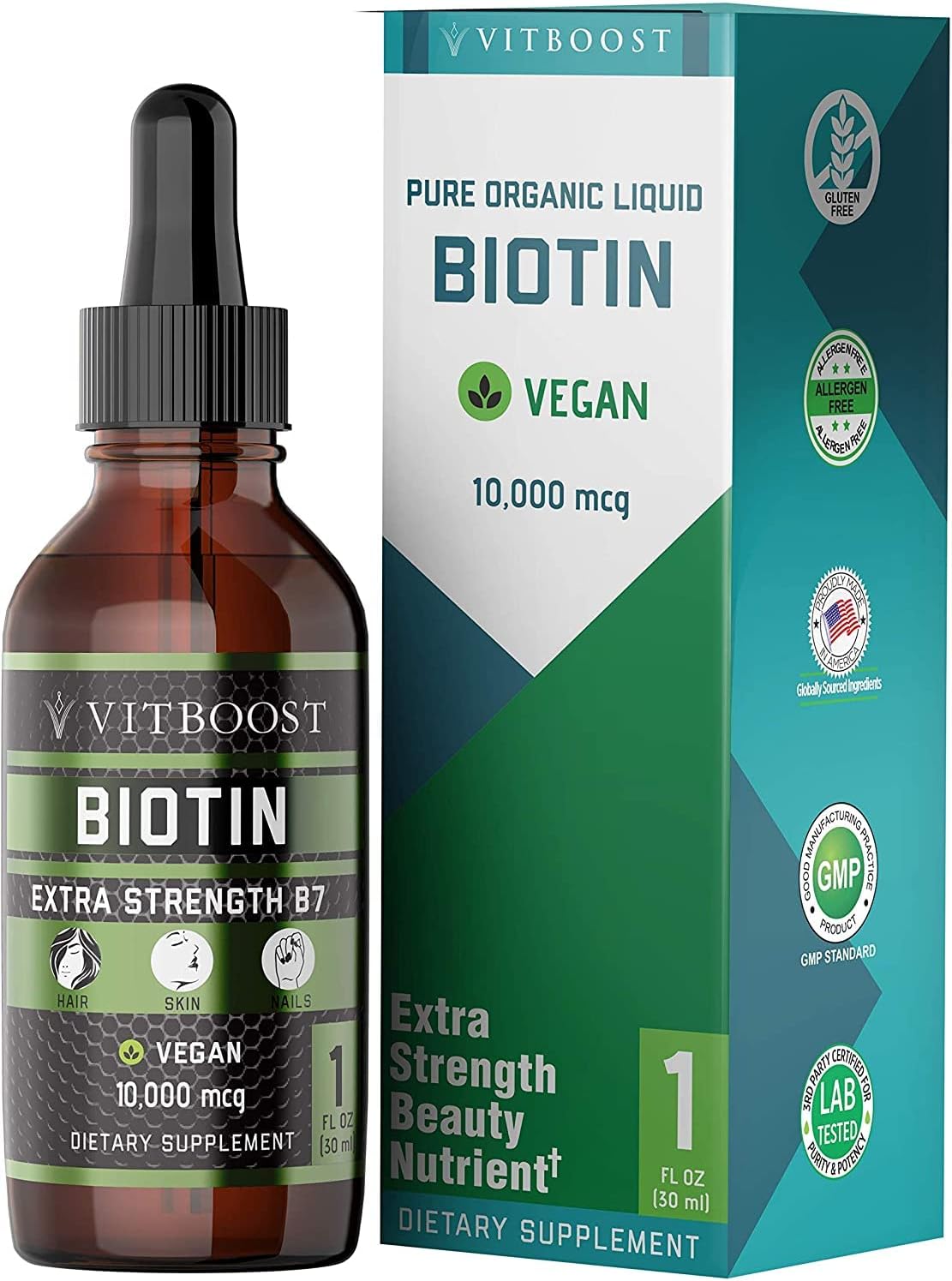 Organic Berry Flavor Biotin Liquid Drops - 10,000mcg Extra Strength Vegan Formula for Hair Growth, Nails, Skin - 60 Servings