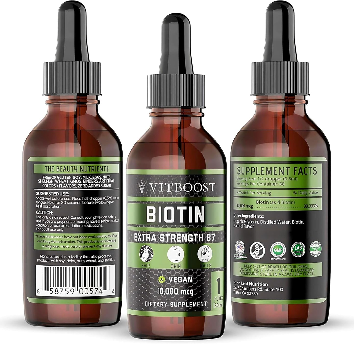 Organic Berry Flavor Biotin Liquid Drops - 10,000mcg Extra Strength Vegan Formula for Hair Growth, Nails, Skin - 60 Servings