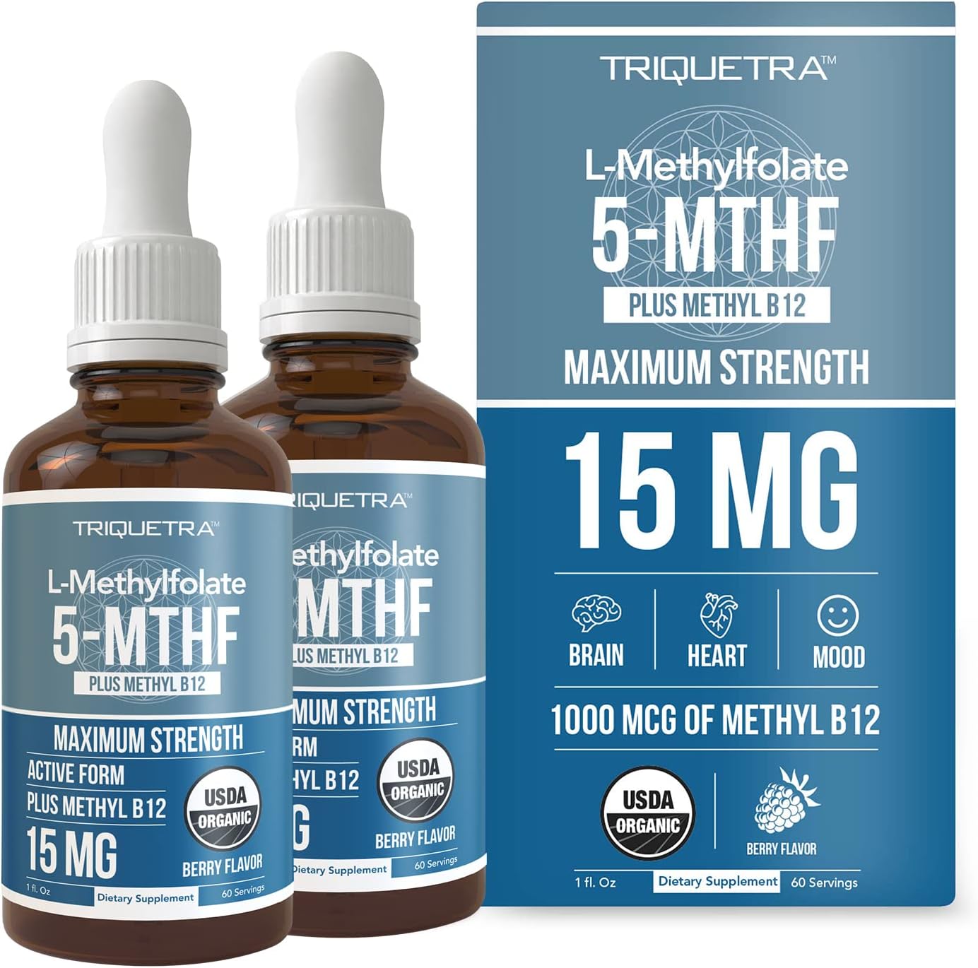 Organic Berry Flavored Liquid Sublingual L Methyl Folate 15mg + Methyl B12 - Professional Strength 5-MTHF Form for Mood, Cognition, Homocysteine - 2 Pack of 1oz Bottles