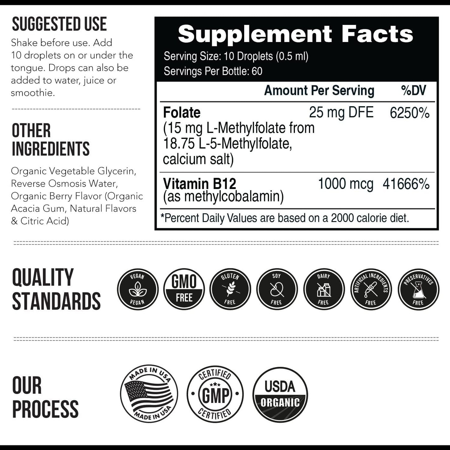 Organic Berry Flavored Liquid Sublingual L Methyl Folate 15mg + Methyl B12 - Professional Strength 5-MTHF Form for Mood, Cognition, Homocysteine - 2 Pack of 1oz Bottles