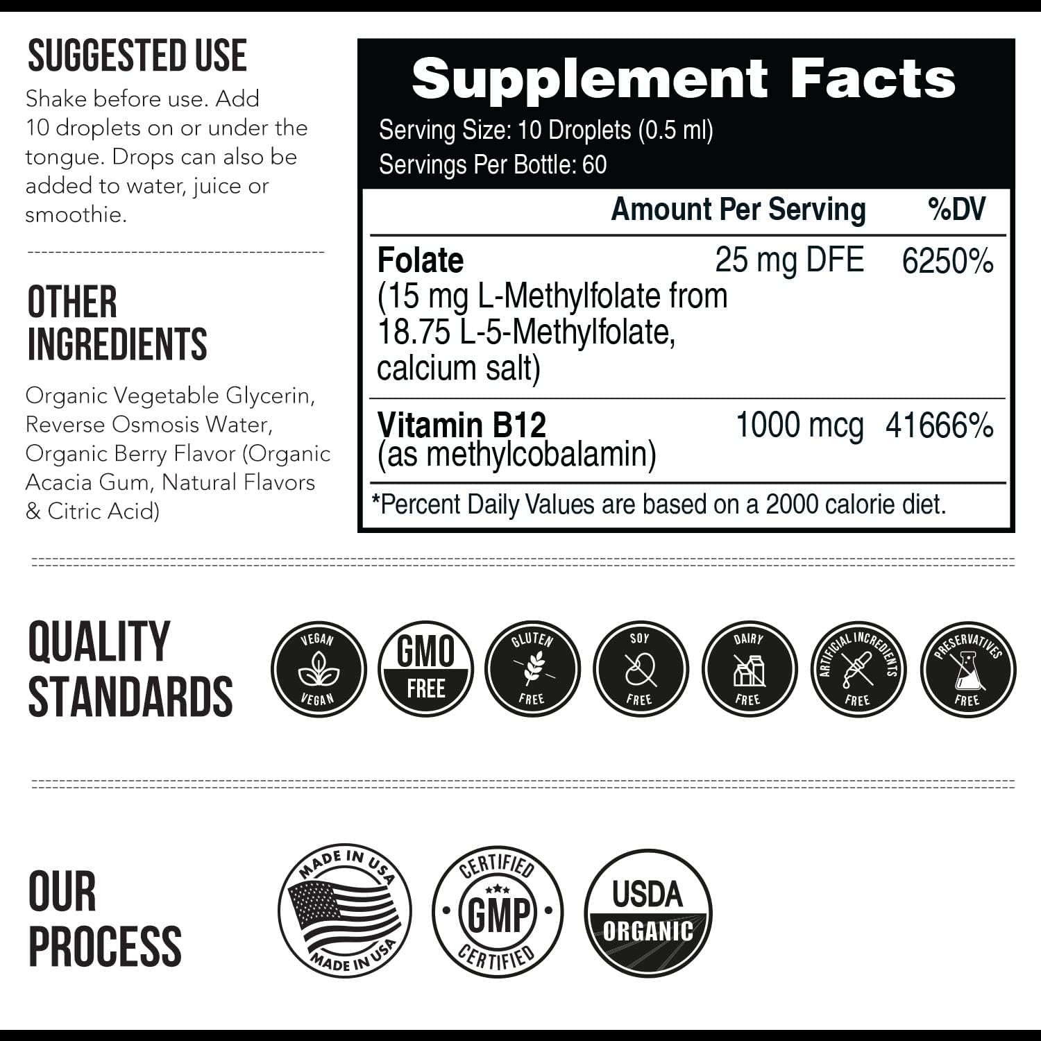 Organic Berry Flavored Liquid Sublingual L Methyl Folate 15mg + Methyl B12 - Professional Strength 5-MTHF Form for Mood, Cognition, Homocysteine - 2 Pack of 1oz Bottles