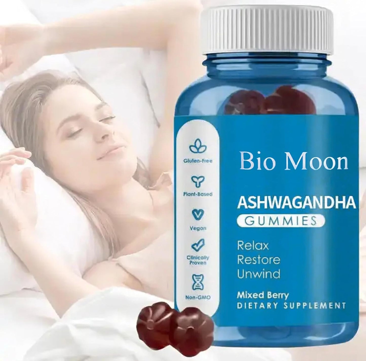 Organic Bio Moon Ashwagandha & Vitamin D3 Gummies - 60 Count for Improved Sleep, Stress Relief, and Mood Calm - Non-GMO and Gluten Free