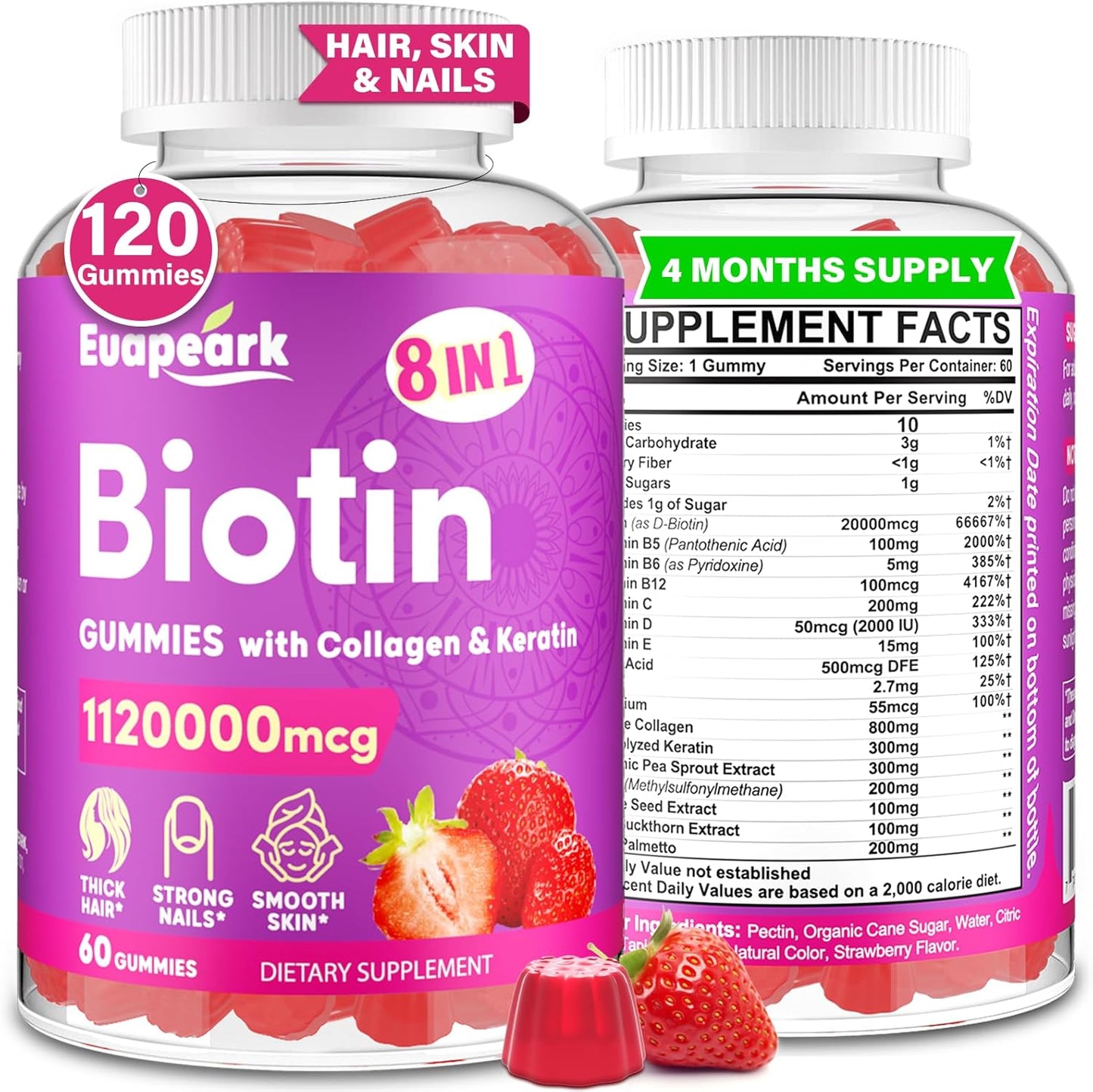 Organic Biotin Gummies with Collagen, Keratin, Folic Acid & Vitamins for Hair Growth, Skin & Nails, 8-in-1 Formula for Women & Men, 120 Count