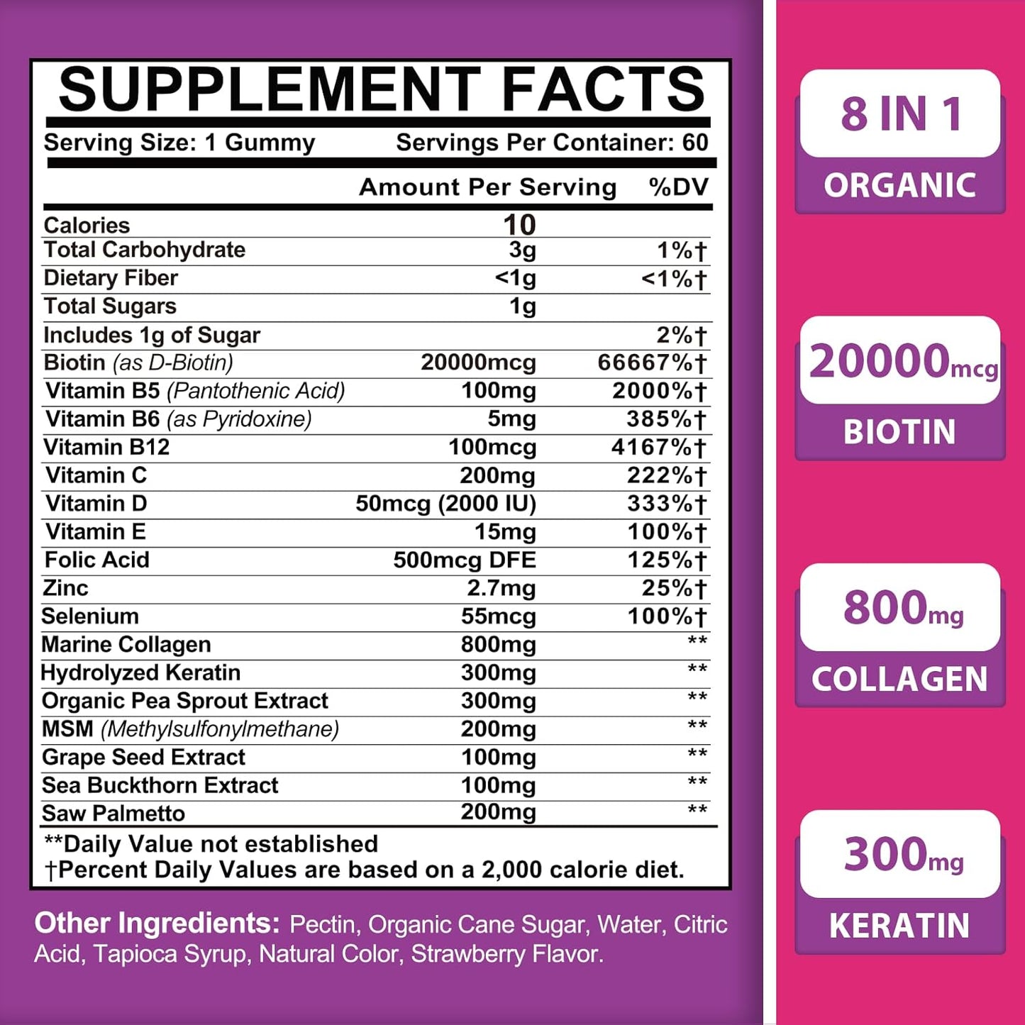 Organic Biotin Gummies with Collagen, Keratin, Folic Acid & Vitamins for Hair Growth, Skin & Nails, 8-in-1 Formula for Women & Men, 120 Count