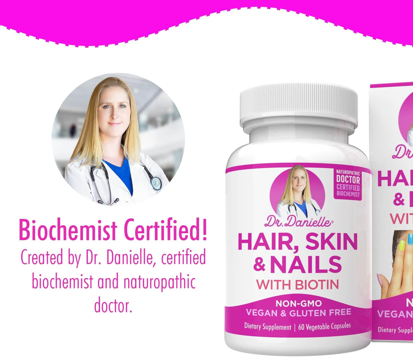 Organic Biotin Supplement for Hair, Skin, and Nails - Doctor Danielle Formula with Coconut Water and Rice Phytoceramides
