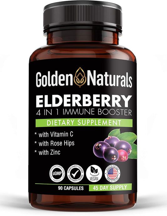 Organic Black Elderberry Extract 1000mg Capsules with Vitamin C, Rose HIPS, and Zinc - Immune Booster for Powerful Support