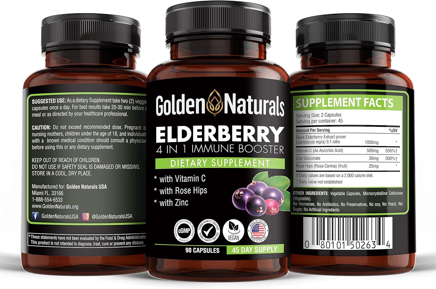 Organic Black Elderberry Extract 1000mg Capsules with Vitamin C, Rose HIPS, and Zinc - Immune Booster for Powerful Support