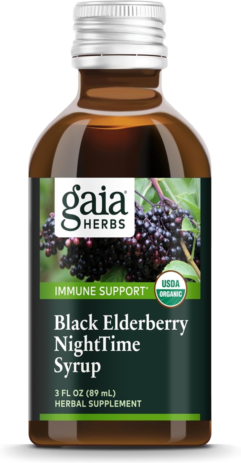 Organic Black Elderberry Nighttime Syrup for Immune Support and Restful Sleep - Gaia Herbs Supplement - 3 Fl Oz
