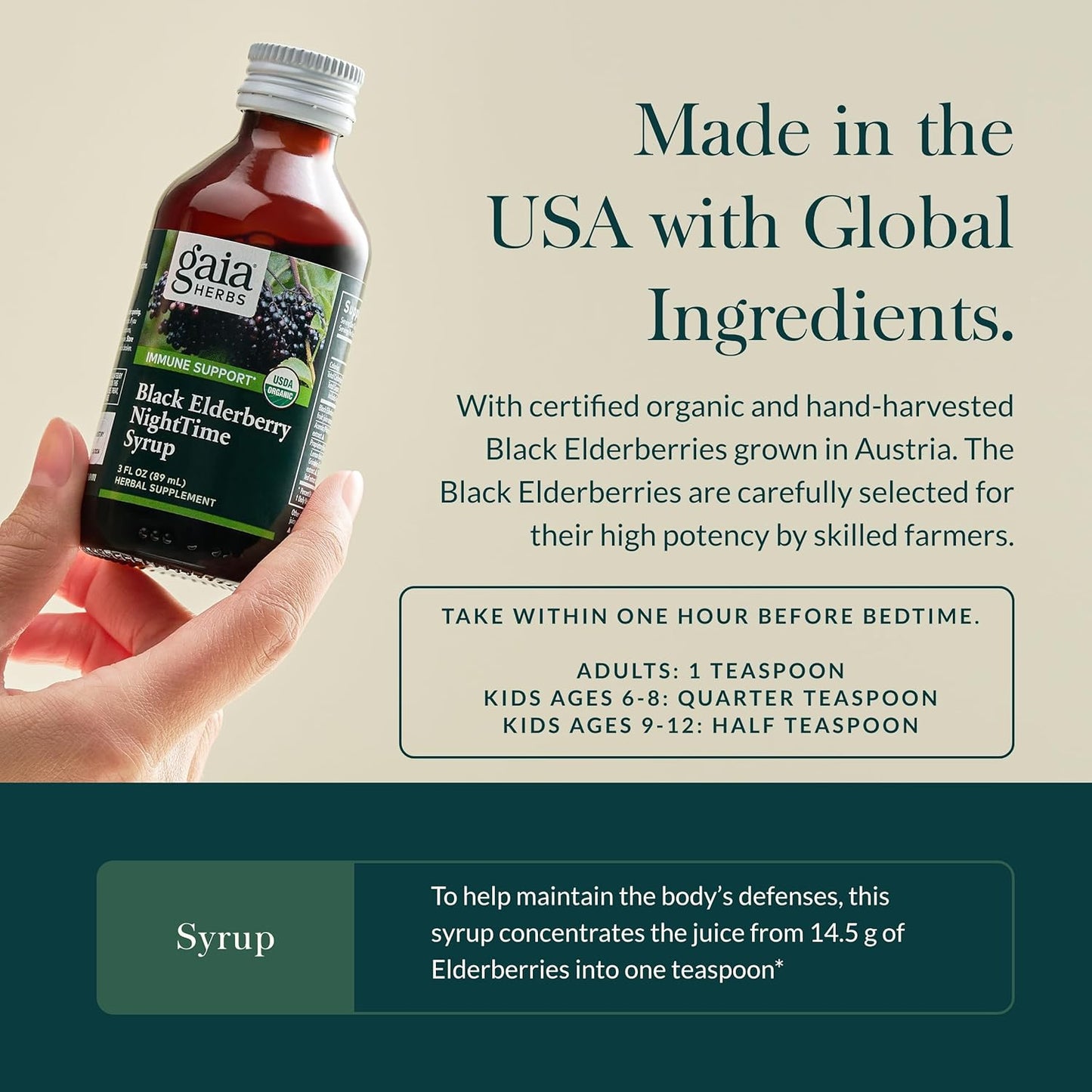 Organic Black Elderberry Nighttime Syrup for Immune Support and Restful Sleep - Gaia Herbs Supplement - 3 Fl Oz