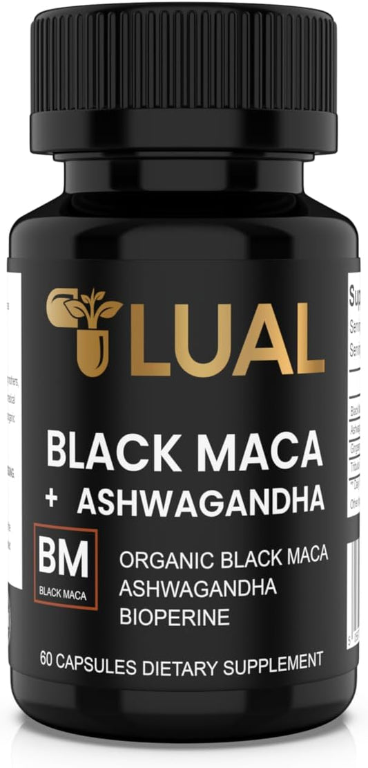 Organic Black Maca Root Capsules with Ashwagandha - 30,000mg 30x Strength - Highest Potency for Men - Non-GMO - 60 Pills