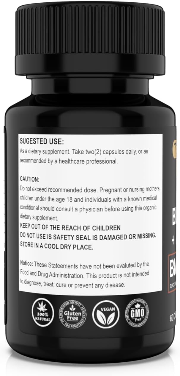 Organic Black Maca Root Capsules with Ashwagandha - 30,000mg 30x Strength - Highest Potency for Men - Non-GMO - 60 Pills