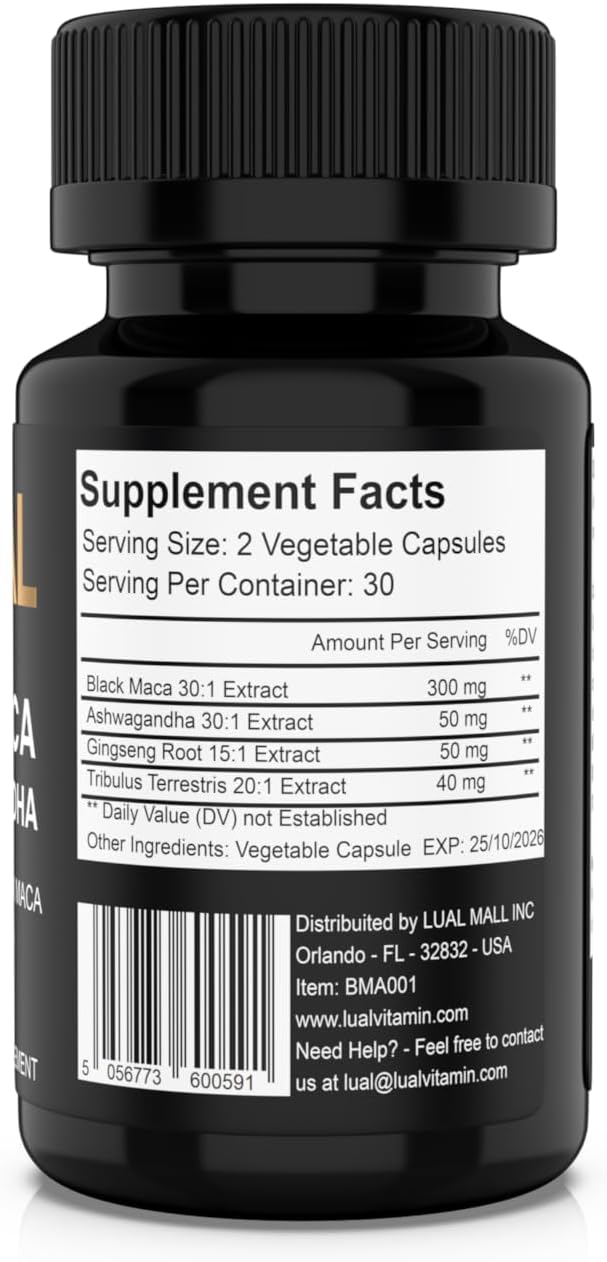 Organic Black Maca Root Capsules with Ashwagandha - 30,000mg 30x Strength - Highest Potency for Men - Non-GMO - 60 Pills