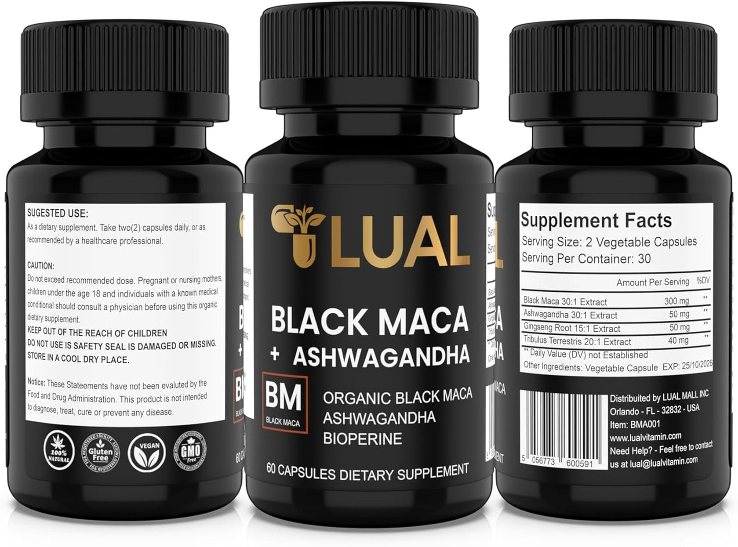 Organic Black Maca Root Capsules with Ashwagandha - 30,000mg 30x Strength - Highest Potency for Men - Non-GMO - 60 Pills