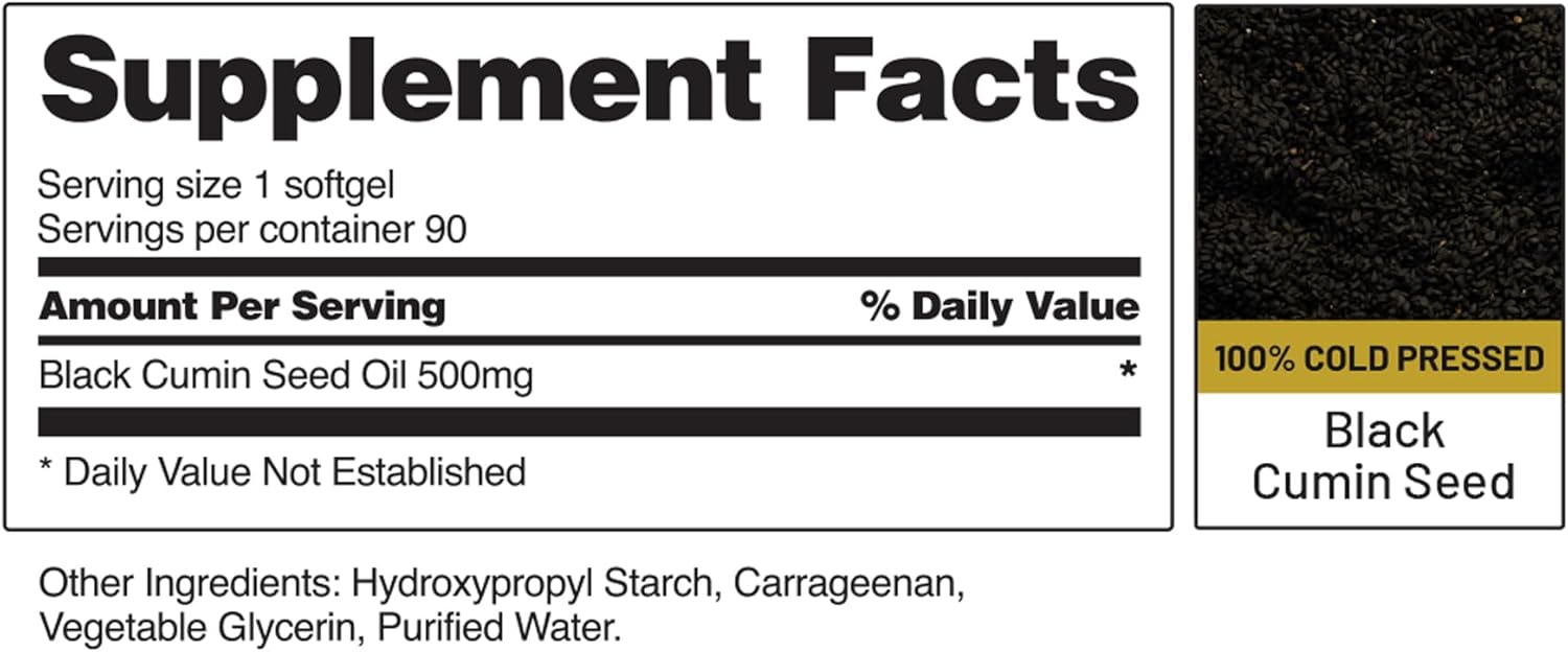 Organic Black Seed Oil Capsules - Cold Pressed for Immune Support, Detox, Inflammation Relief, Skin, Hair & Joint Health - High Potency Nigella Sativa Supplement (90 Softgels)