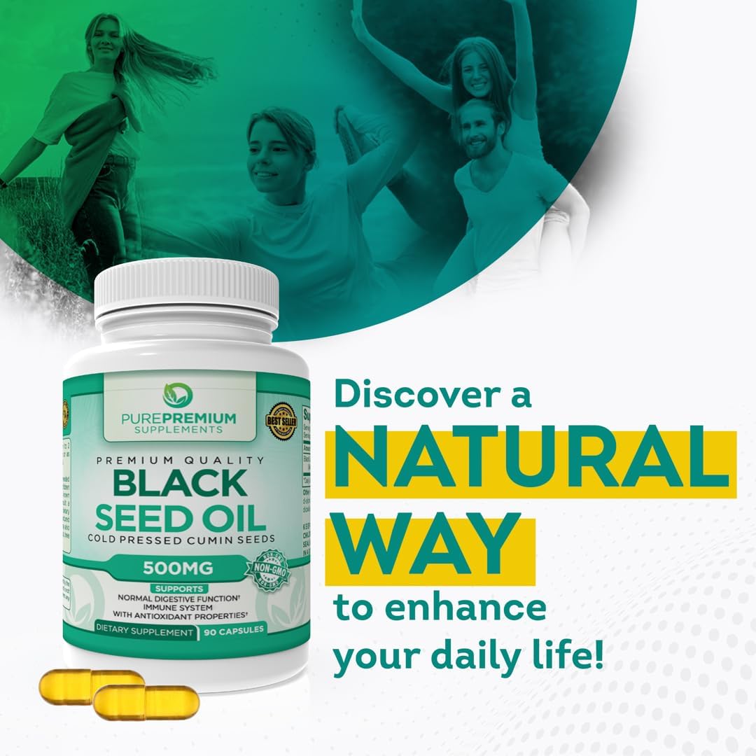 Organic Black Seed Oil Capsules - Cold Pressed Nigella Sativa Supplement for Hair & Skin - 500mg - 90ct - 3 Month Supply for Men and Women