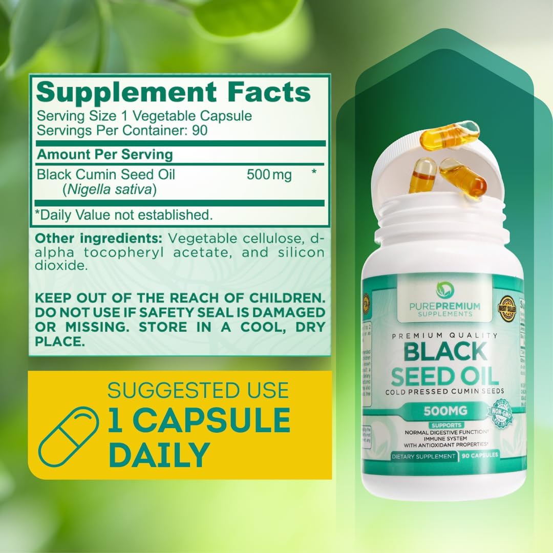Organic Black Seed Oil Capsules - Cold Pressed Nigella Sativa Supplement for Hair & Skin - 500mg - 90ct - 3 Month Supply for Men and Women