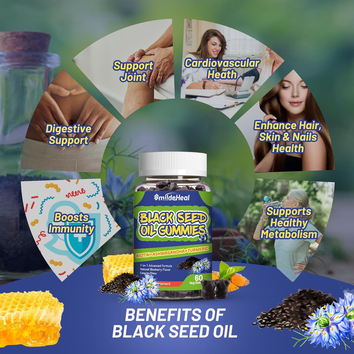 Organic Black Seed Oil Gummies with Honey - Vegan Chewable Supplement, 500mg, 60 Gummies