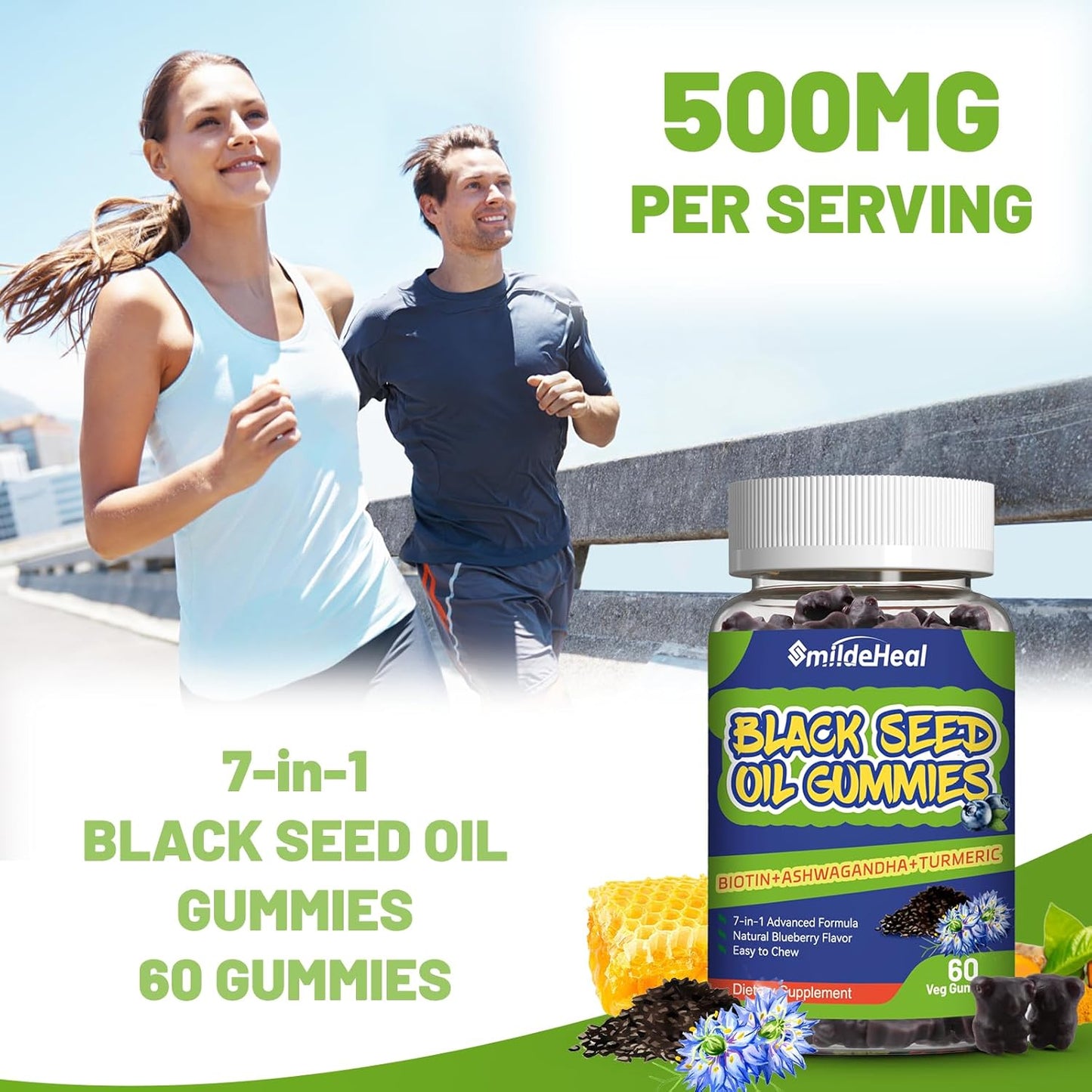 Organic Black Seed Oil Gummies with Honey - Vegan Chewable Supplement, 500mg, 60 Gummies