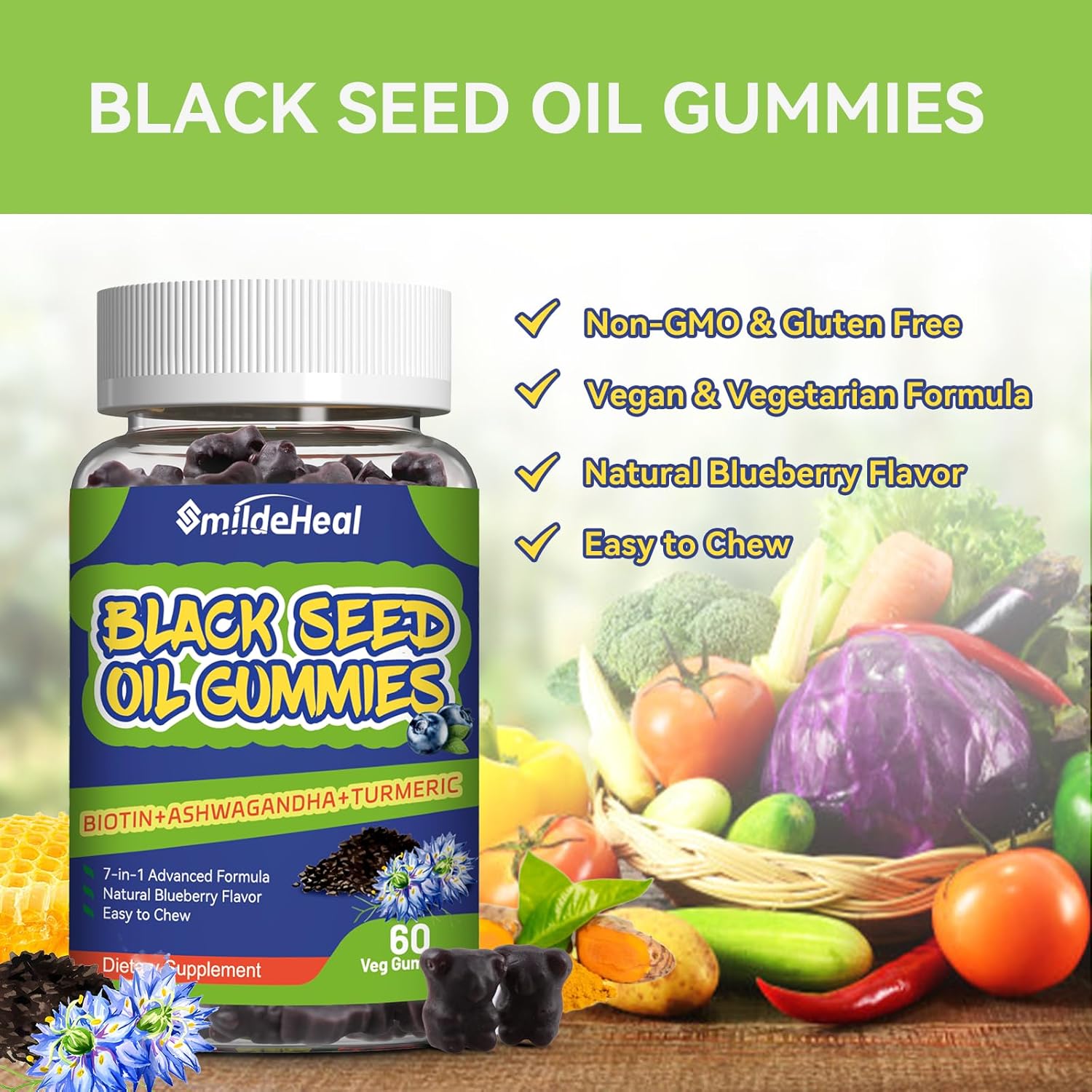 Organic Black Seed Oil Gummies with Honey - Vegan Chewable Supplement, 500mg, 60 Gummies