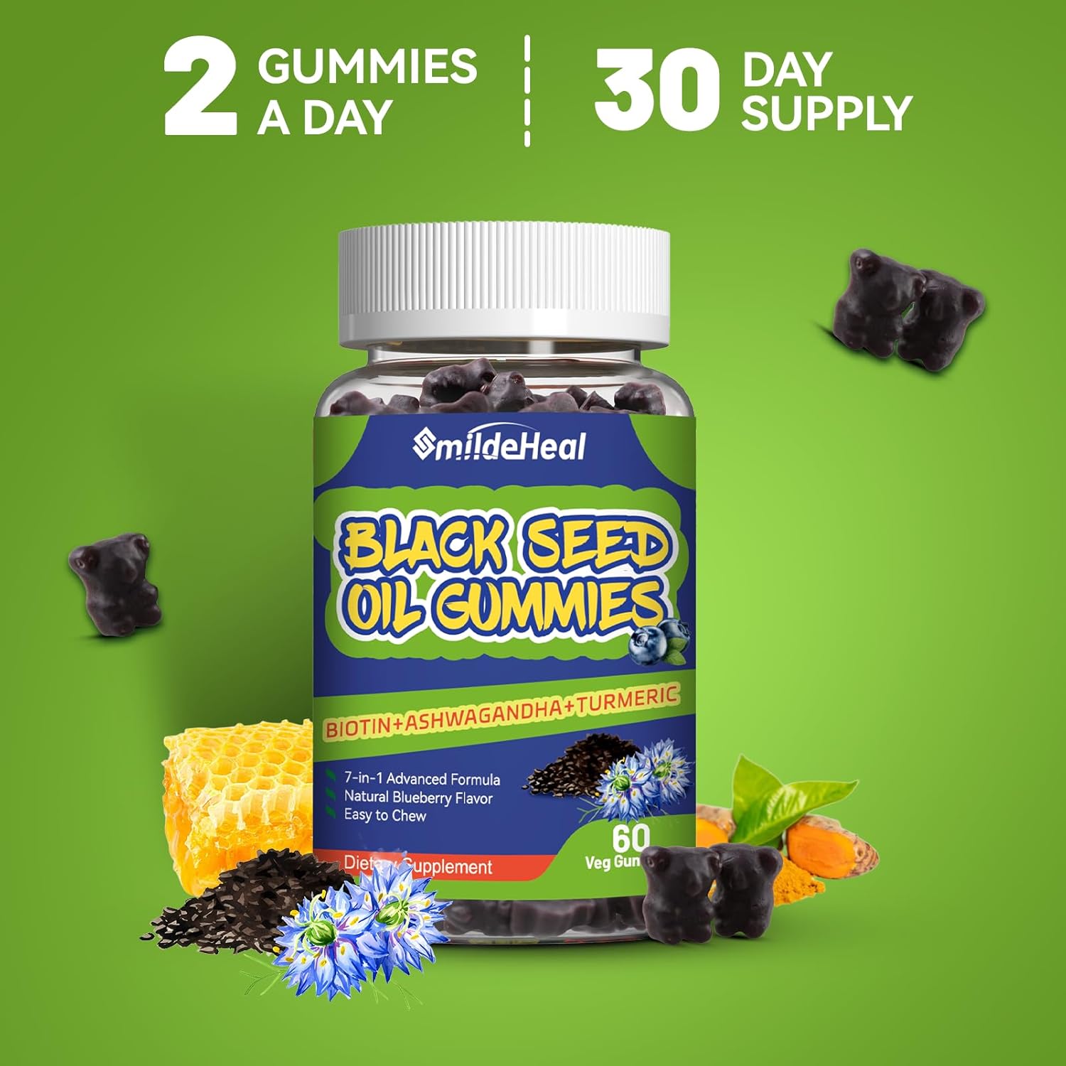 Organic Black Seed Oil Gummies with Honey - Vegan Chewable Supplement, 500mg, 60 Gummies