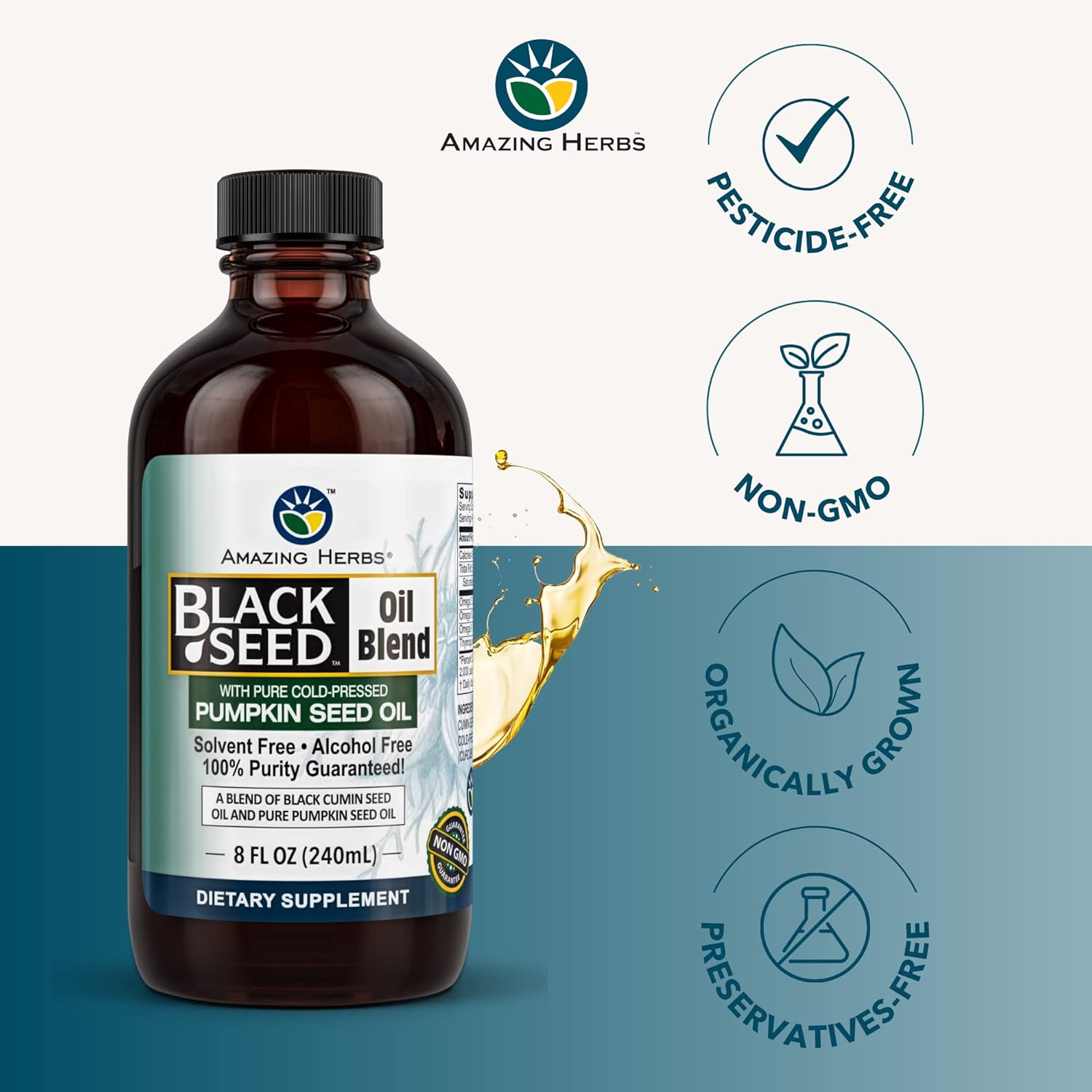 Organic Black Seed & Pumpkin Seed Oil Blend - Cold-Pressed, Gluten-Free, Omega 3, 6, 9 - Immune Support & Digestive Health - 8oz
