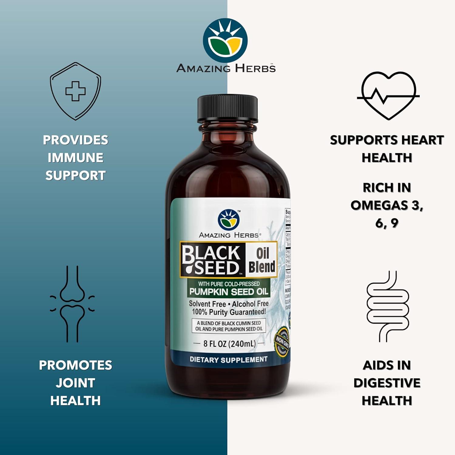Organic Black Seed & Pumpkin Seed Oil Blend - Cold-Pressed, Gluten-Free, Omega 3, 6, 9 - Immune Support & Digestive Health - 8oz