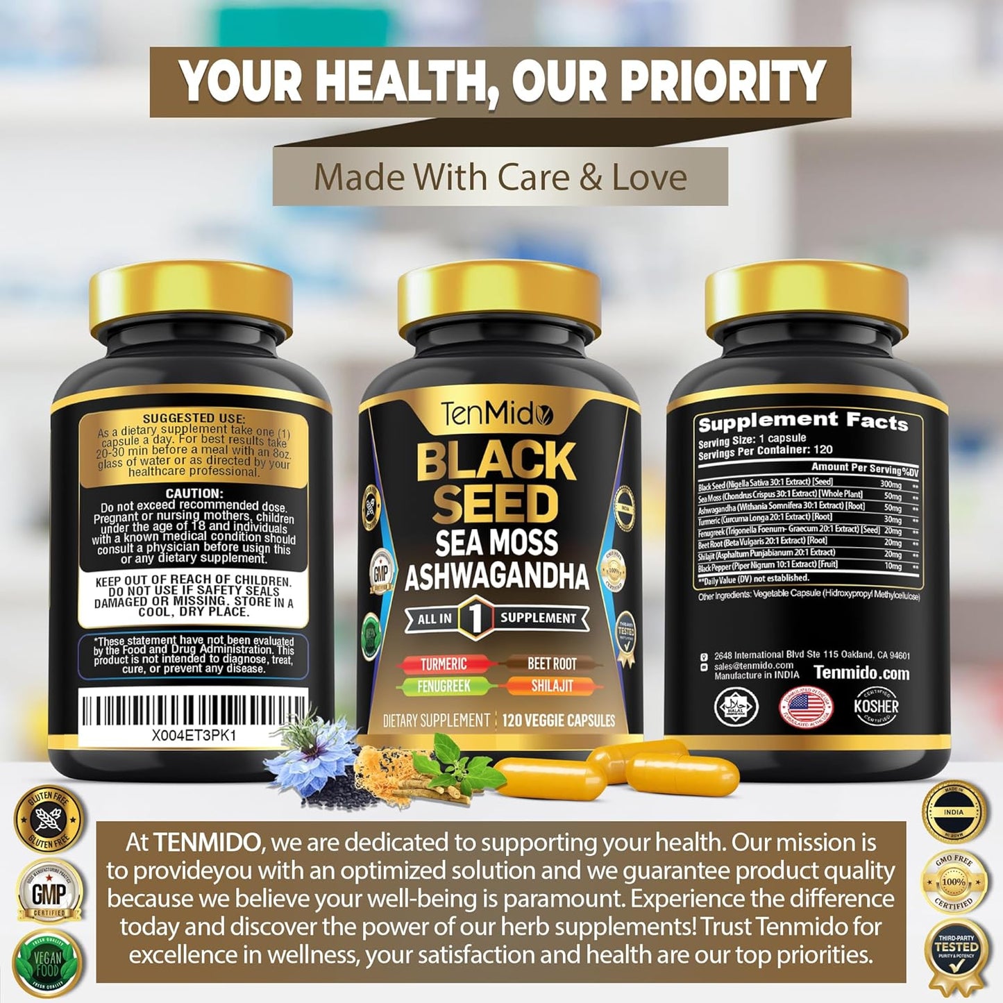 Organic Black Seed Supplement with 8 Superfood Ingredients - 120 Vegan Capsules - 4 Months Supply
