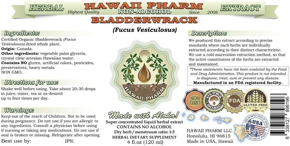 Organic Bladderwrack Liquid Extract - Alcohol-Free Herbal Supplement - 2 oz Bottle by Hawaii Pharm