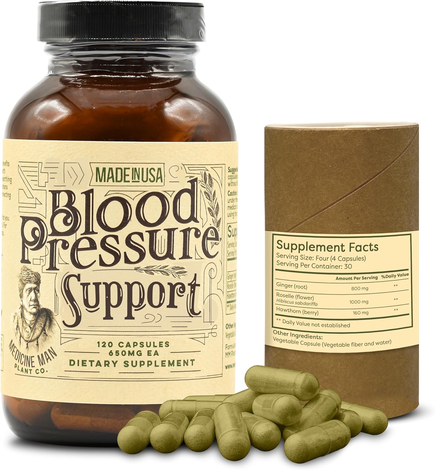 Organic Blood Pressure Support Capsules with Hawthorn, Hibiscus, and Ginger - Herbal Supplement for Hypertension - 120 Natural Pills by Medicine Man Plant Co.