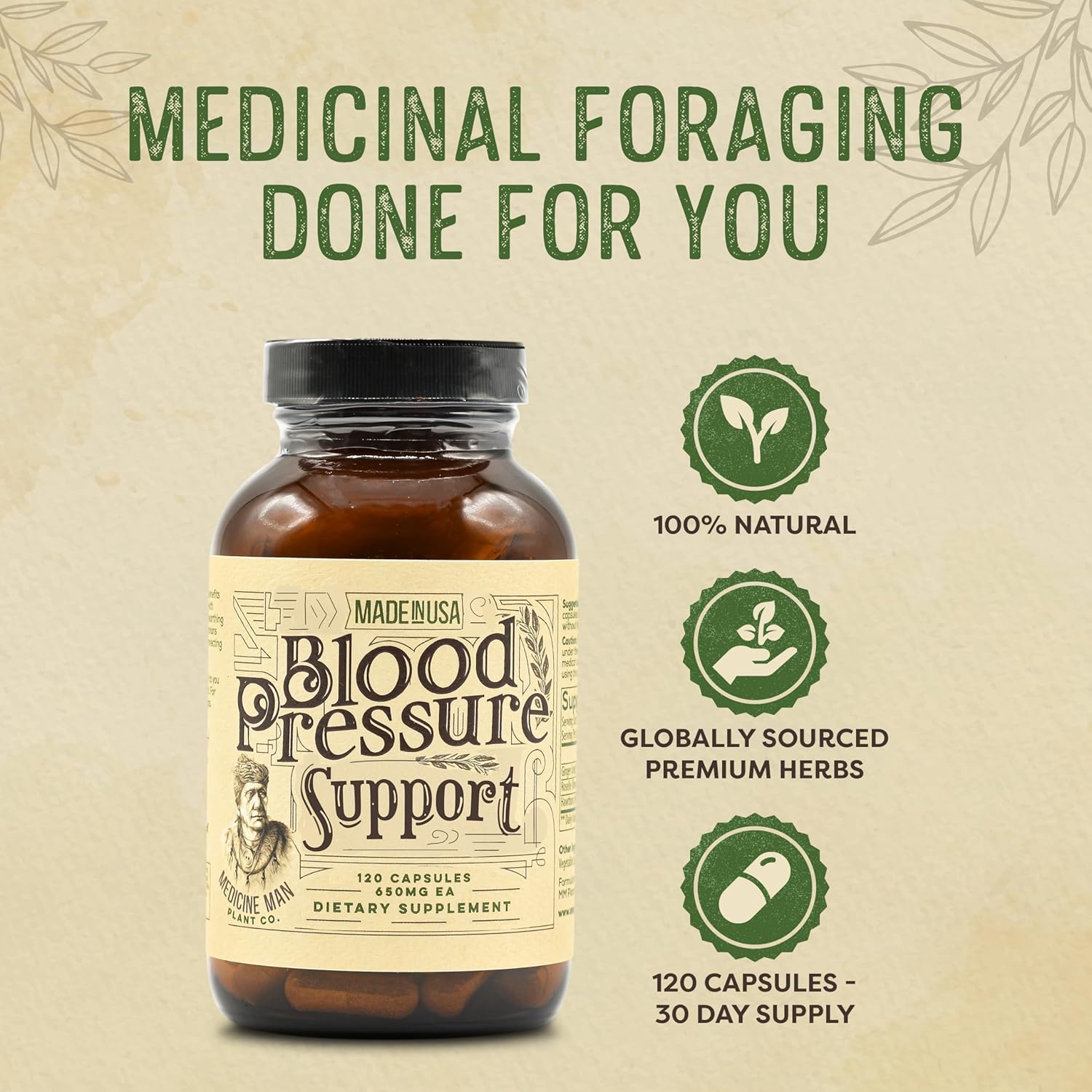 Organic Blood Pressure Support Capsules with Hawthorn, Hibiscus, and Ginger - Herbal Supplement for Hypertension - 120 Natural Pills by Medicine Man Plant Co.