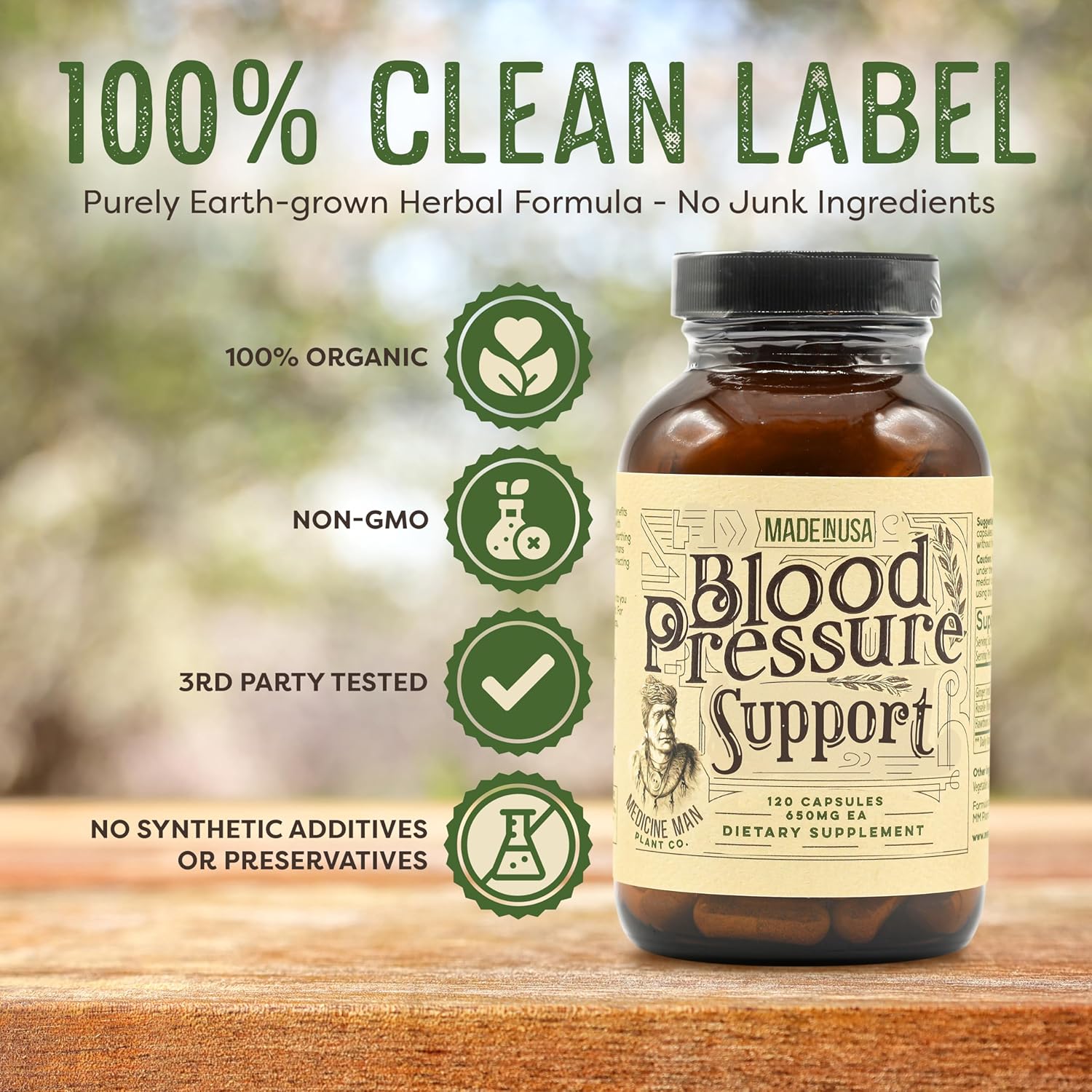 Organic Blood Pressure Support Capsules with Hawthorn, Hibiscus, and Ginger - Herbal Supplement for Hypertension - 120 Natural Pills by Medicine Man Plant Co.