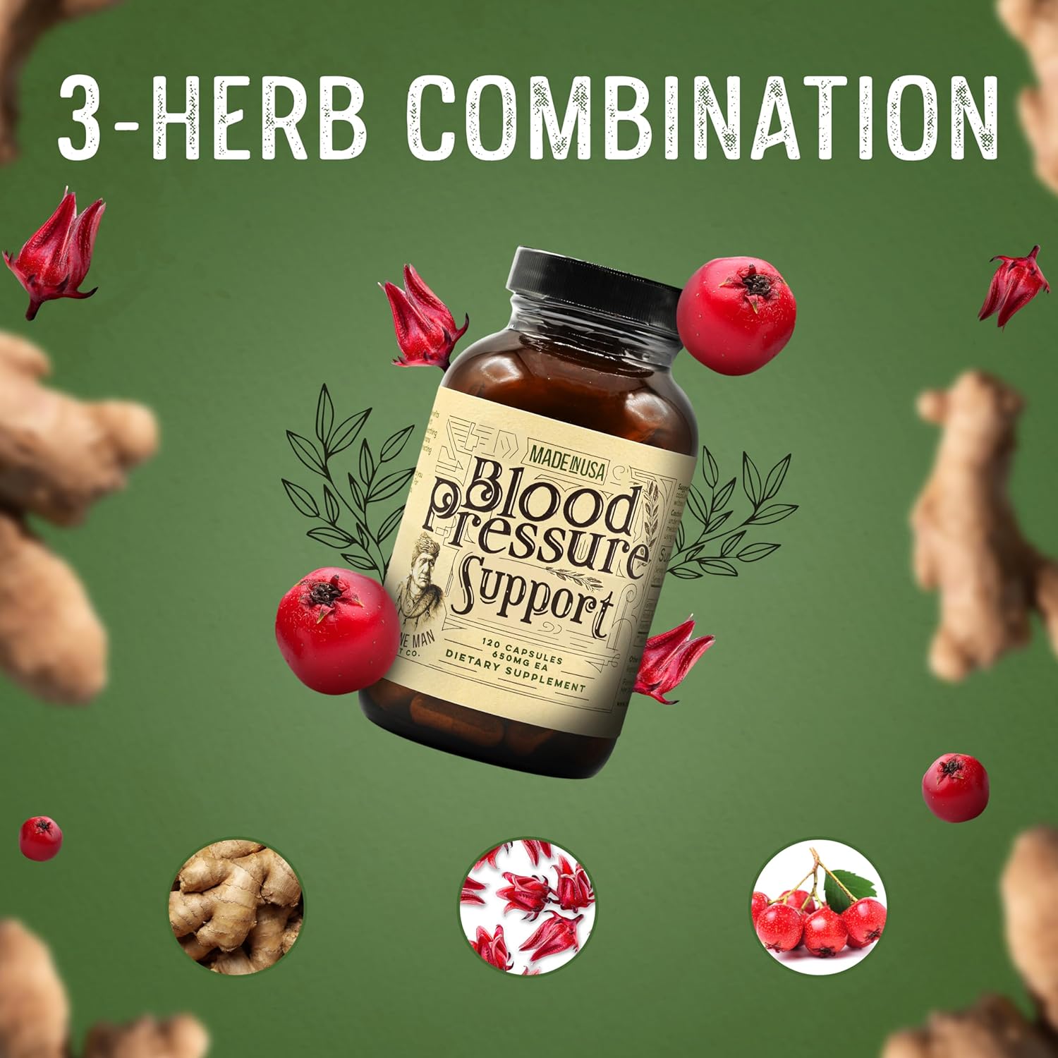 Organic Blood Pressure Support Capsules with Hawthorn, Hibiscus, and Ginger - Herbal Supplement for Hypertension - 120 Natural Pills by Medicine Man Plant Co.