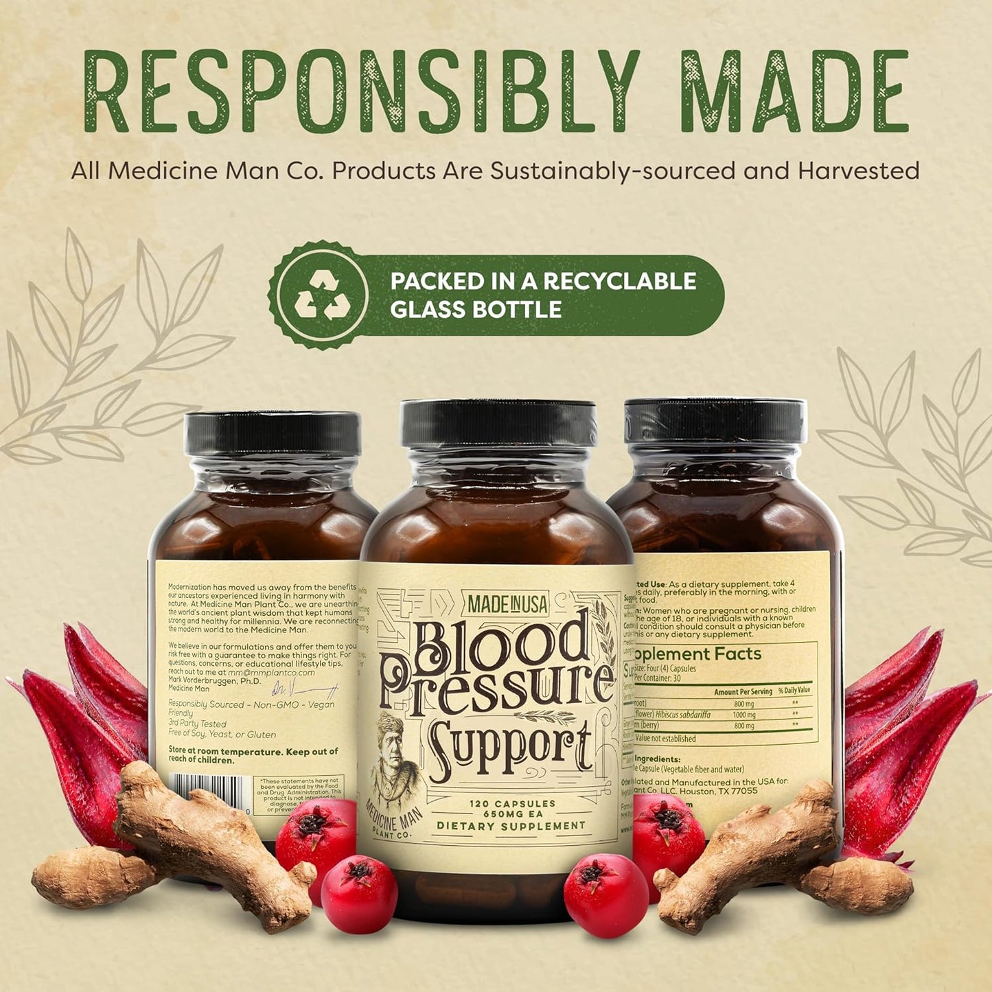 Organic Blood Pressure Support Capsules with Hawthorn, Hibiscus, and Ginger - Herbal Supplement for Hypertension - 120 Natural Pills by Medicine Man Plant Co.