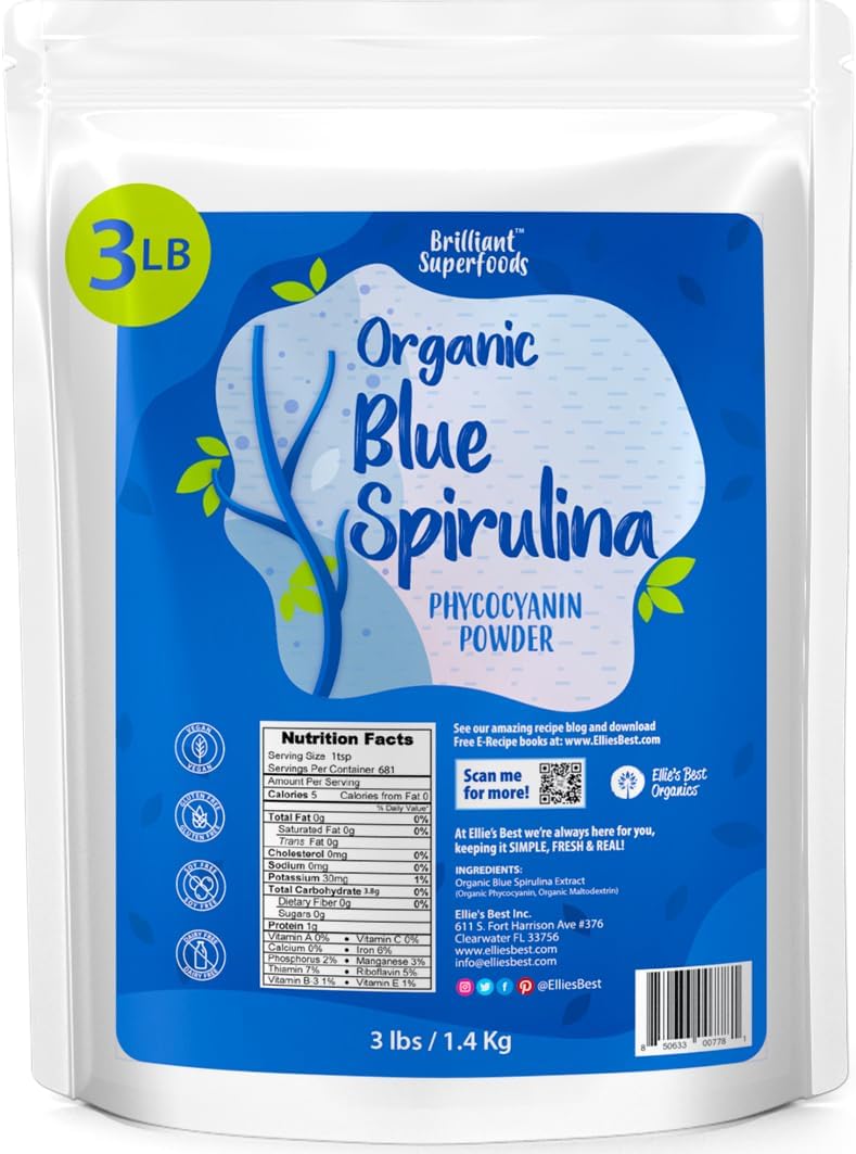 Organic Blue Spirulina Powder Supplement - 3LB Bulk - Vegan, Non GMO, Gluten-Free - Brilliant Blue Coloring - Odorless - Pure Water Extracted