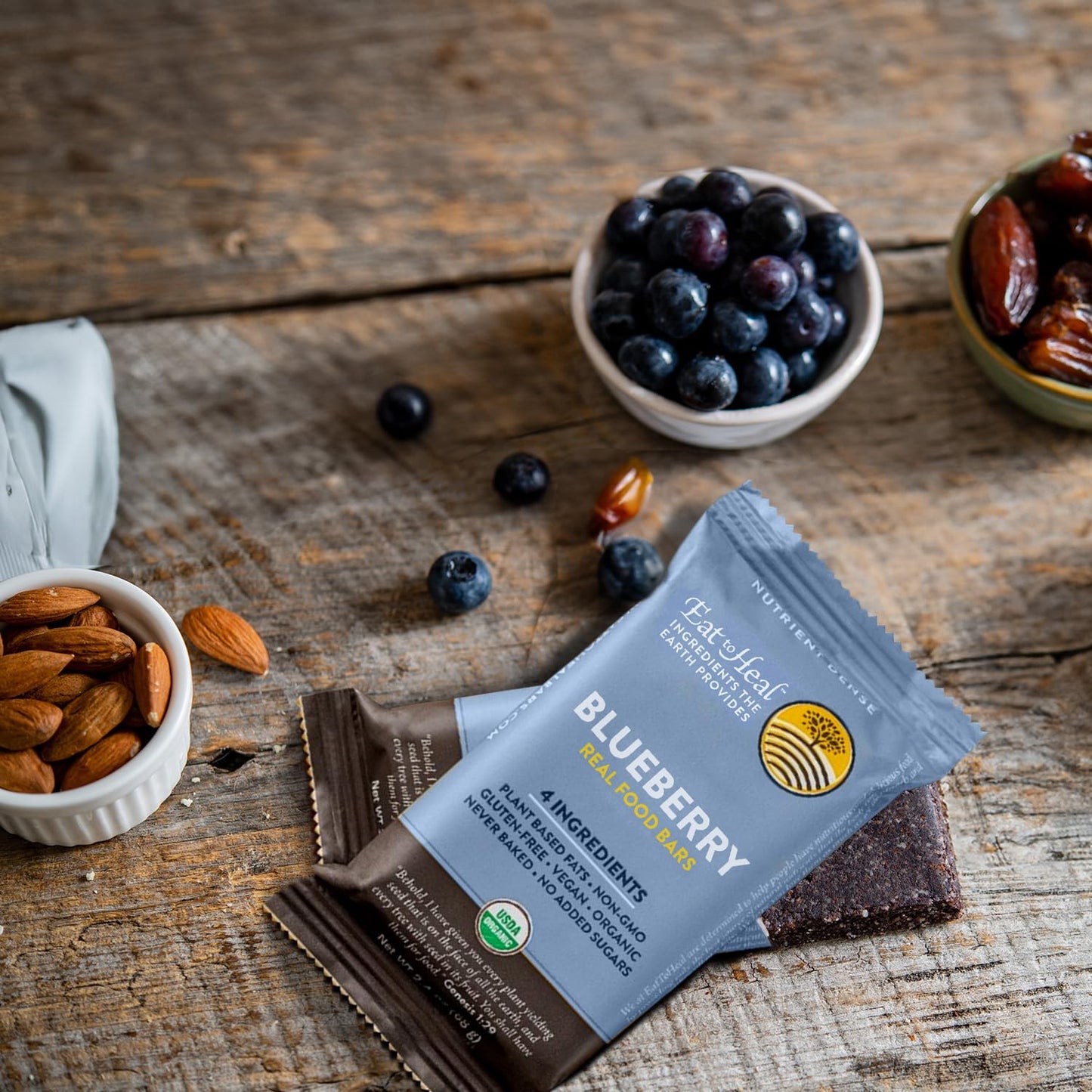 Organic Blueberry Protein Bars - Vegan, Gluten Free, Low Sugar, Non GMO, Plant Based Snacks