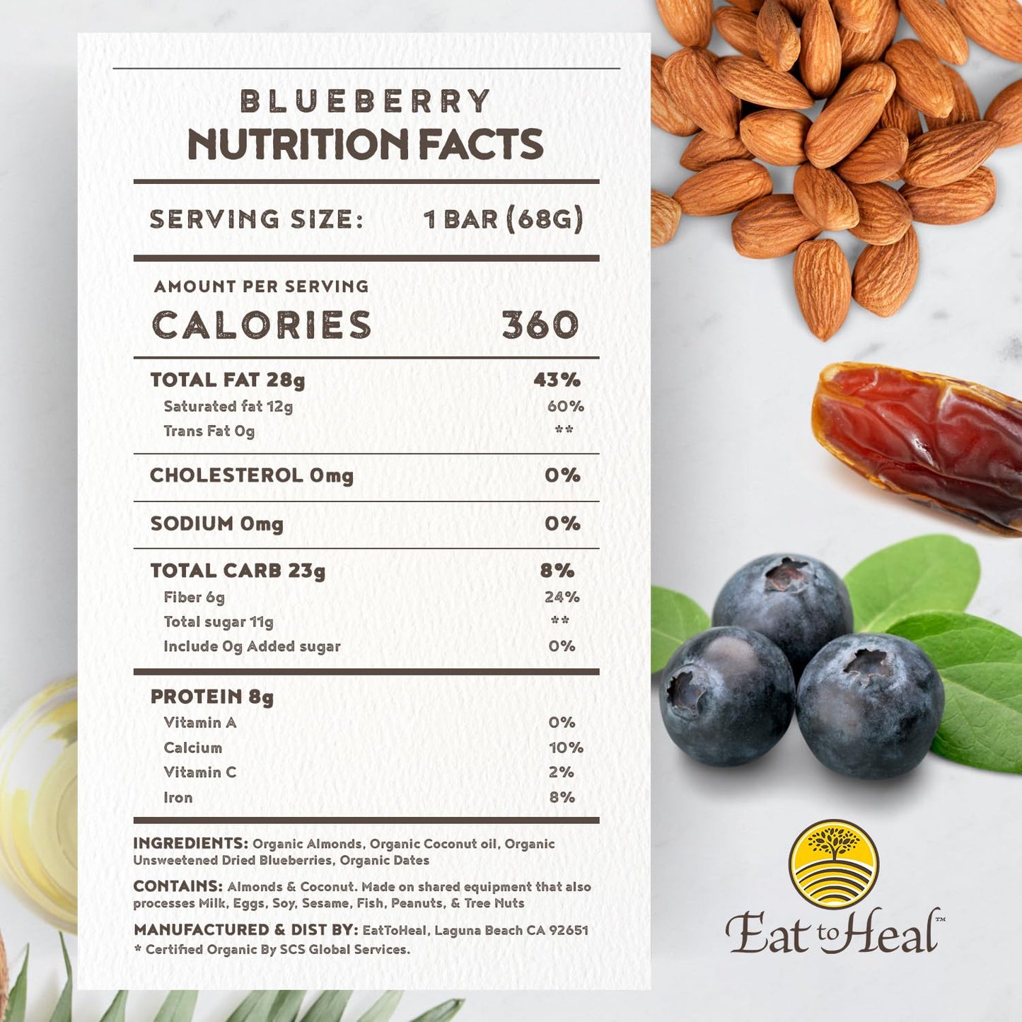 Organic Blueberry Protein Bars - Vegan, Gluten Free, Low Sugar, Non GMO, Plant Based Snacks
