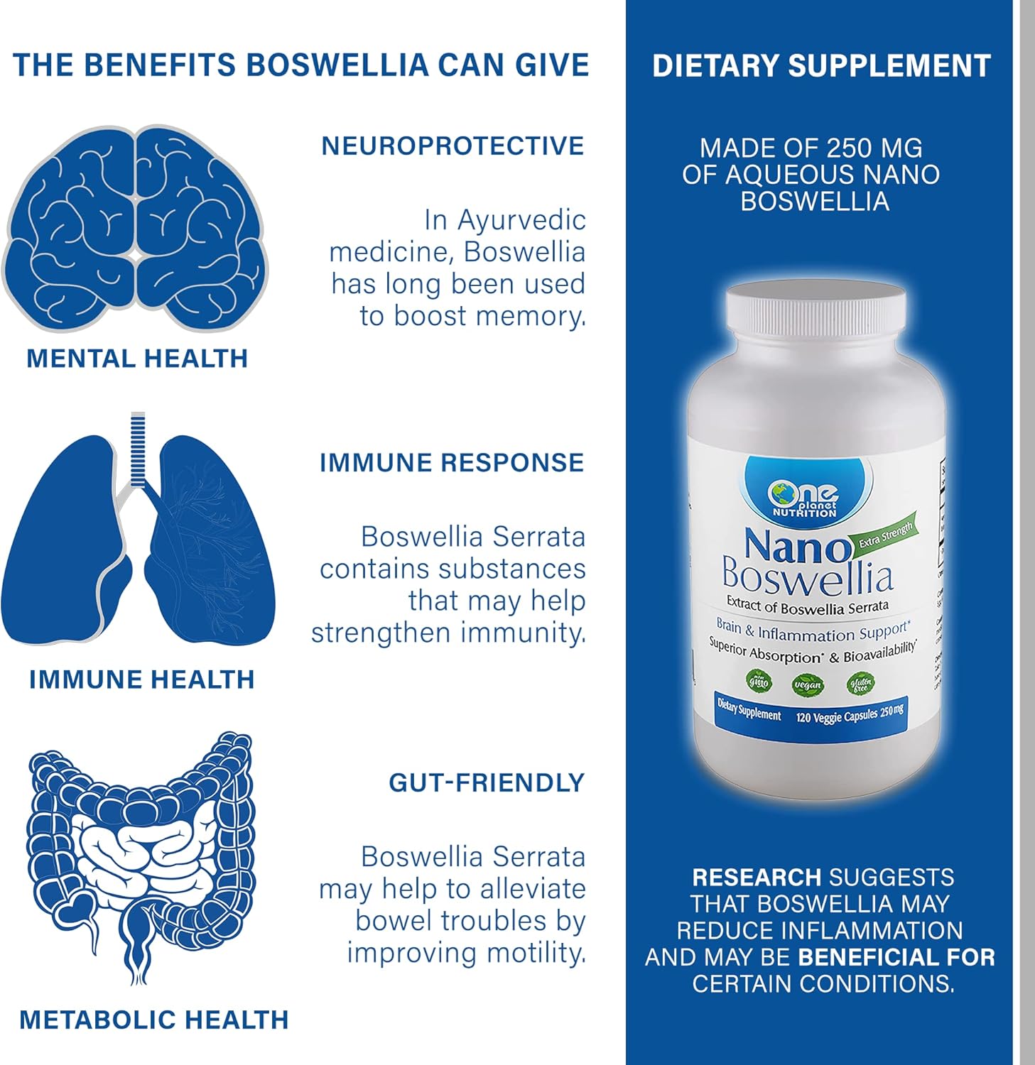 Organic Boswellia Serrata Resin Capsules - 250mg (120 Servings) for Brain Health - Non-GMO, Vegan, Gluten-Free