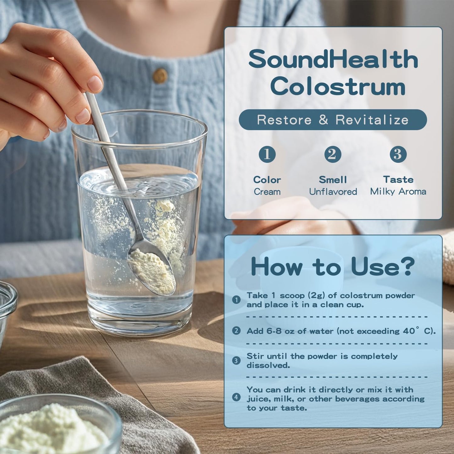 Organic Bovine Colostrum Powder Supplement for Gut Health, Hair Growth, Beauty - Unflavored (73 Servings)