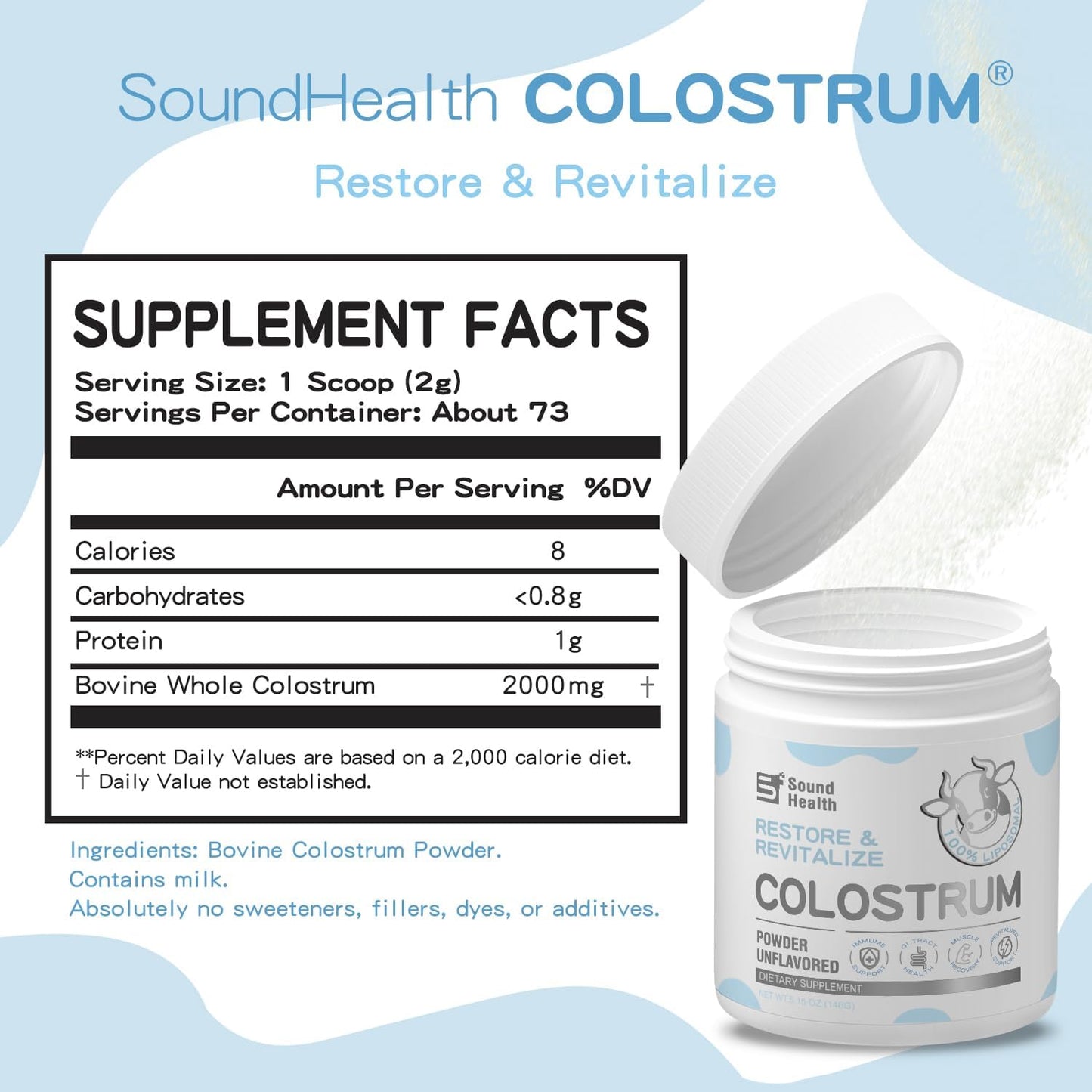 Organic Bovine Colostrum Supplement Powder for Gut Health, Hair Growth, Beauty, and Immune Support - Unflavored (120 Servings) by SoundHealth