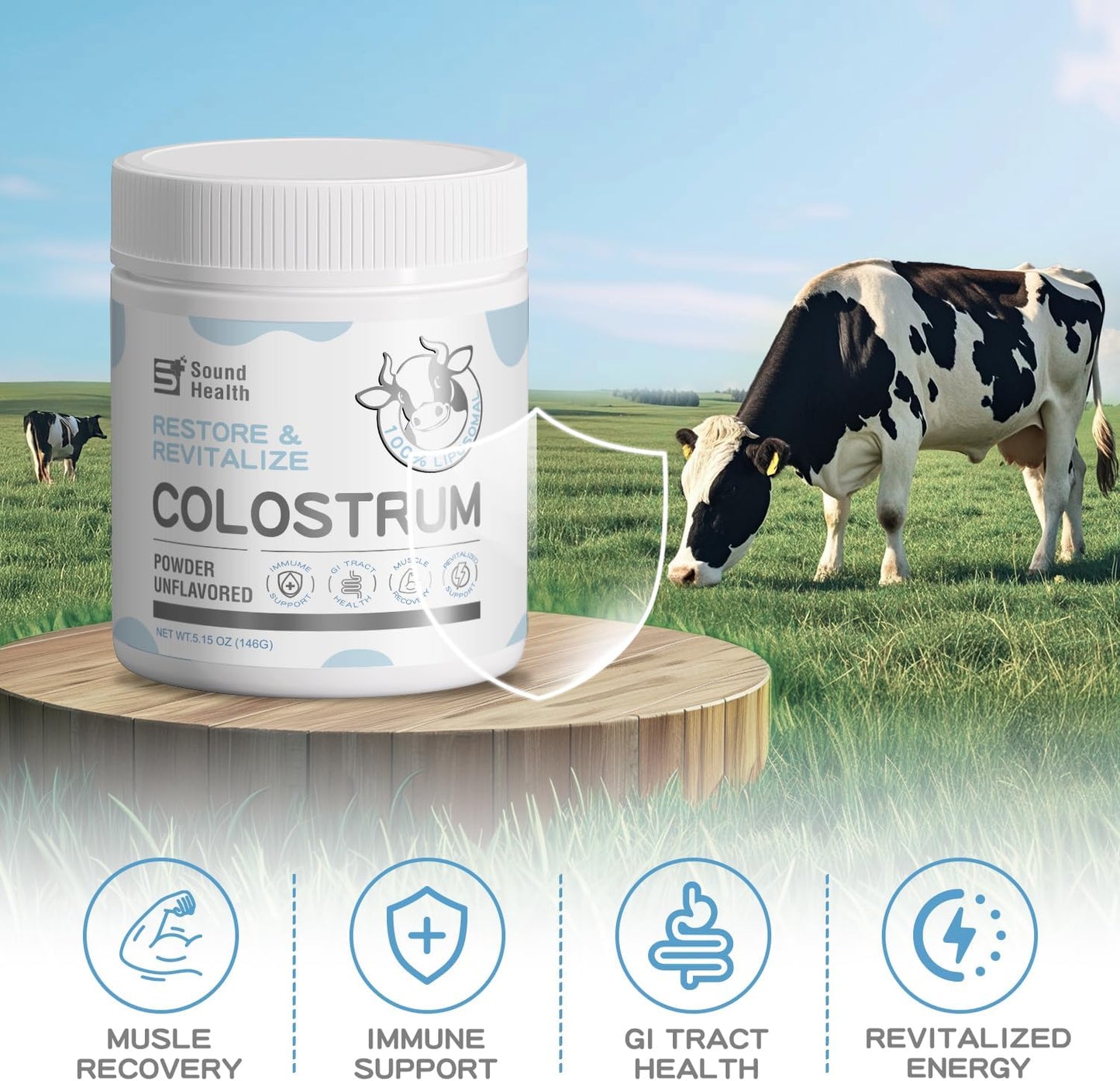 Organic Bovine Colostrum Supplement Powder for Gut Health, Hair Growth, Beauty, and Immune Support - Unflavored (120 Servings) by SoundHealth