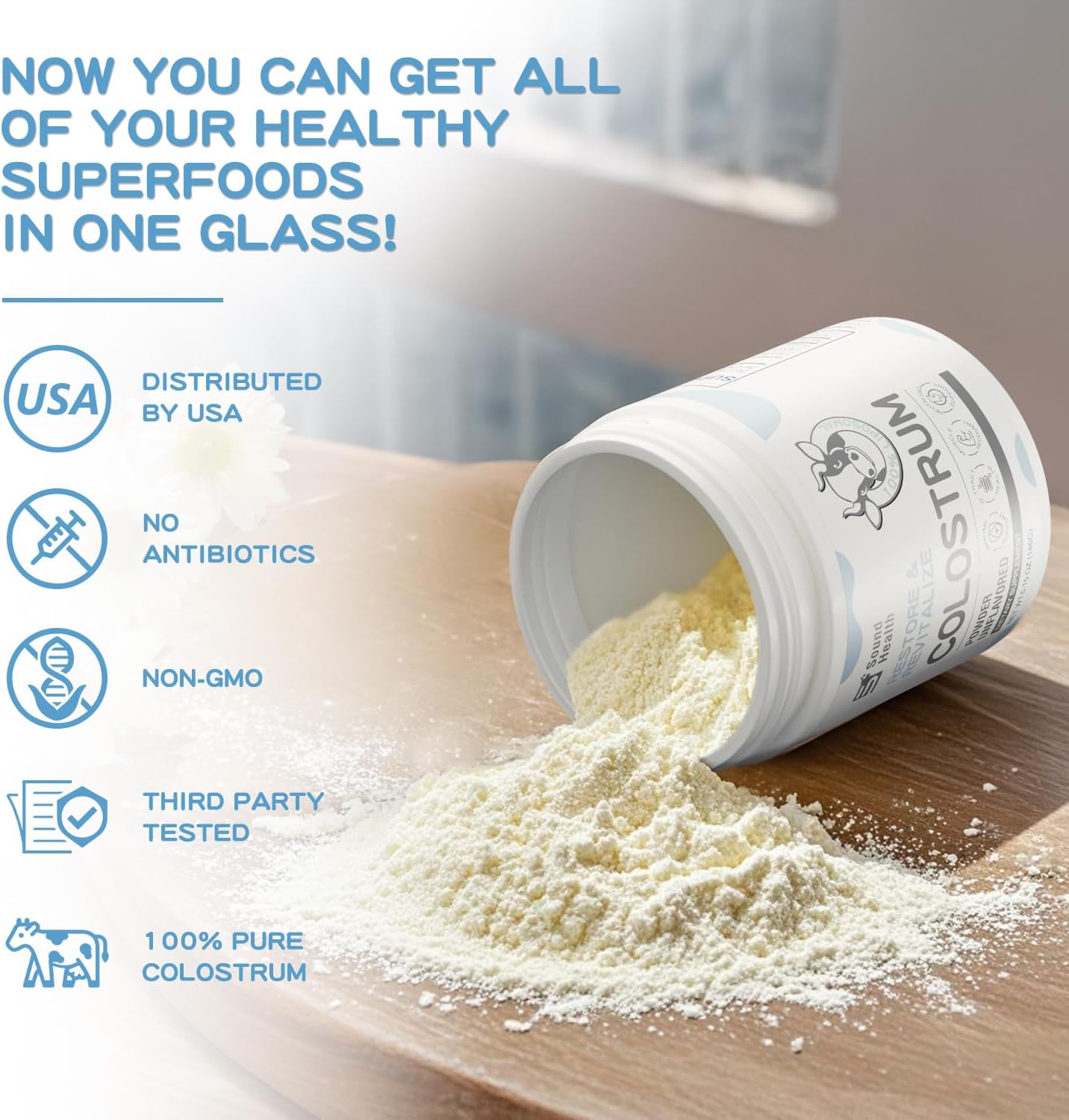 Organic Bovine Colostrum Supplement Powder for Gut Health, Hair Growth, Beauty, and Immune Support - Unflavored (120 Servings) by SoundHealth