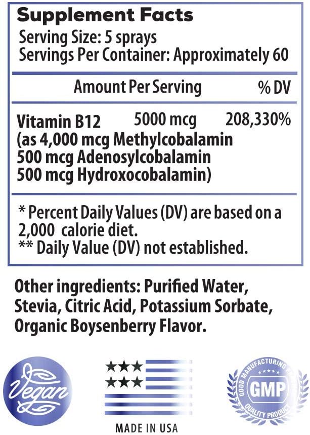 Organic Boysenberry Triple Vitamin B12 Liquid Spray: Nerve Health and Energy Booster - 5000 mcg Methylcobalamin, Adenosylcobalamin, Hydroxocobalamin - Keto, Sugar Free