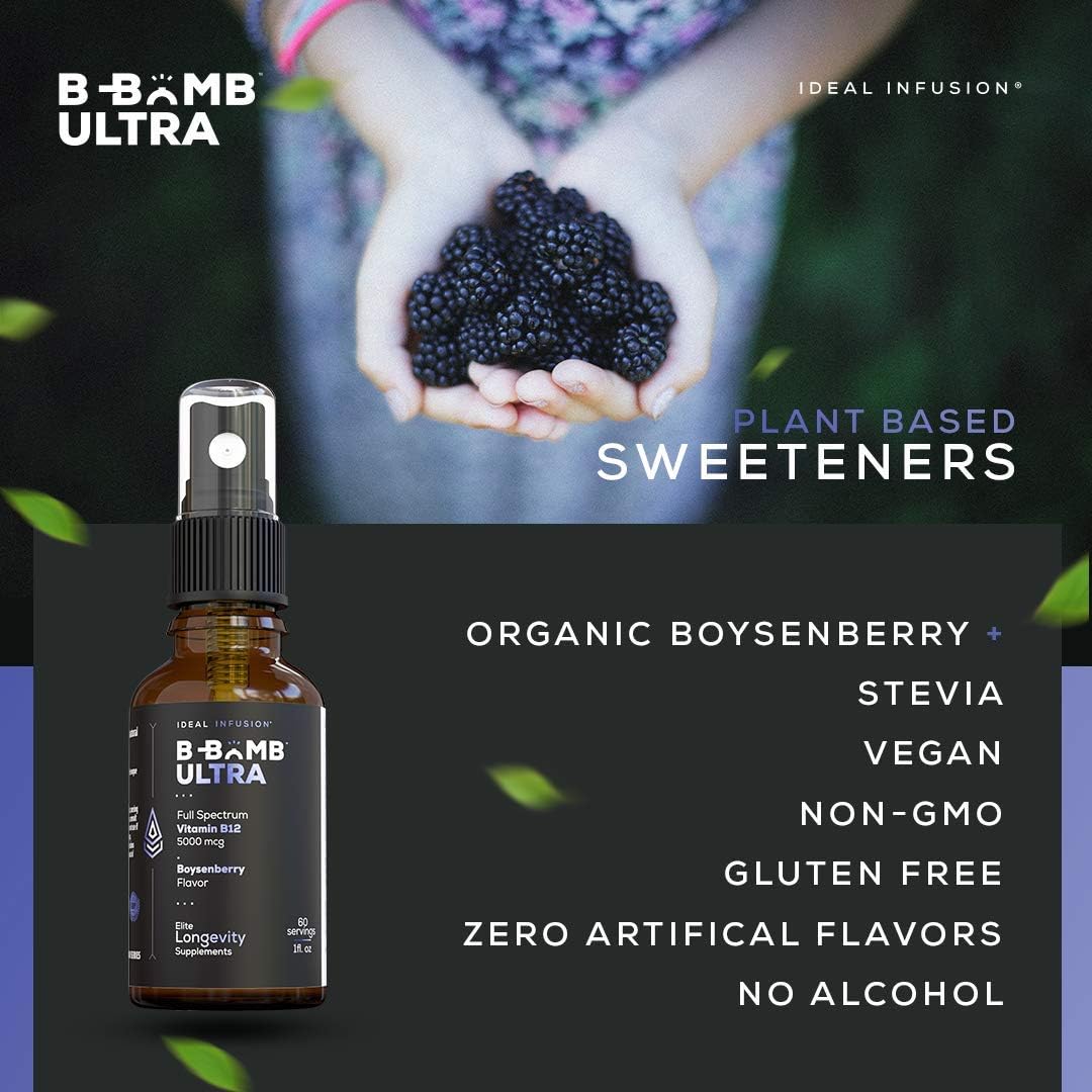 Organic Boysenberry Triple Vitamin B12 Liquid Spray: Nerve Health and Energy Booster - 5000 mcg Methylcobalamin, Adenosylcobalamin, Hydroxocobalamin - Keto, Sugar Free