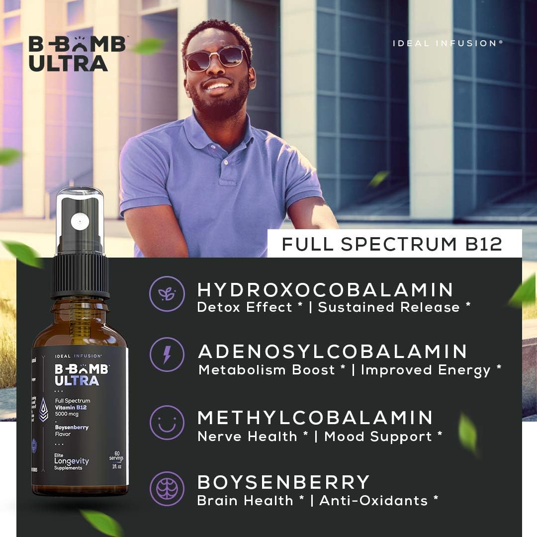 Organic Boysenberry Triple Vitamin B12 Liquid Spray: Nerve Health and Energy Booster - 5000 mcg Methylcobalamin, Adenosylcobalamin, Hydroxocobalamin - Keto, Sugar Free