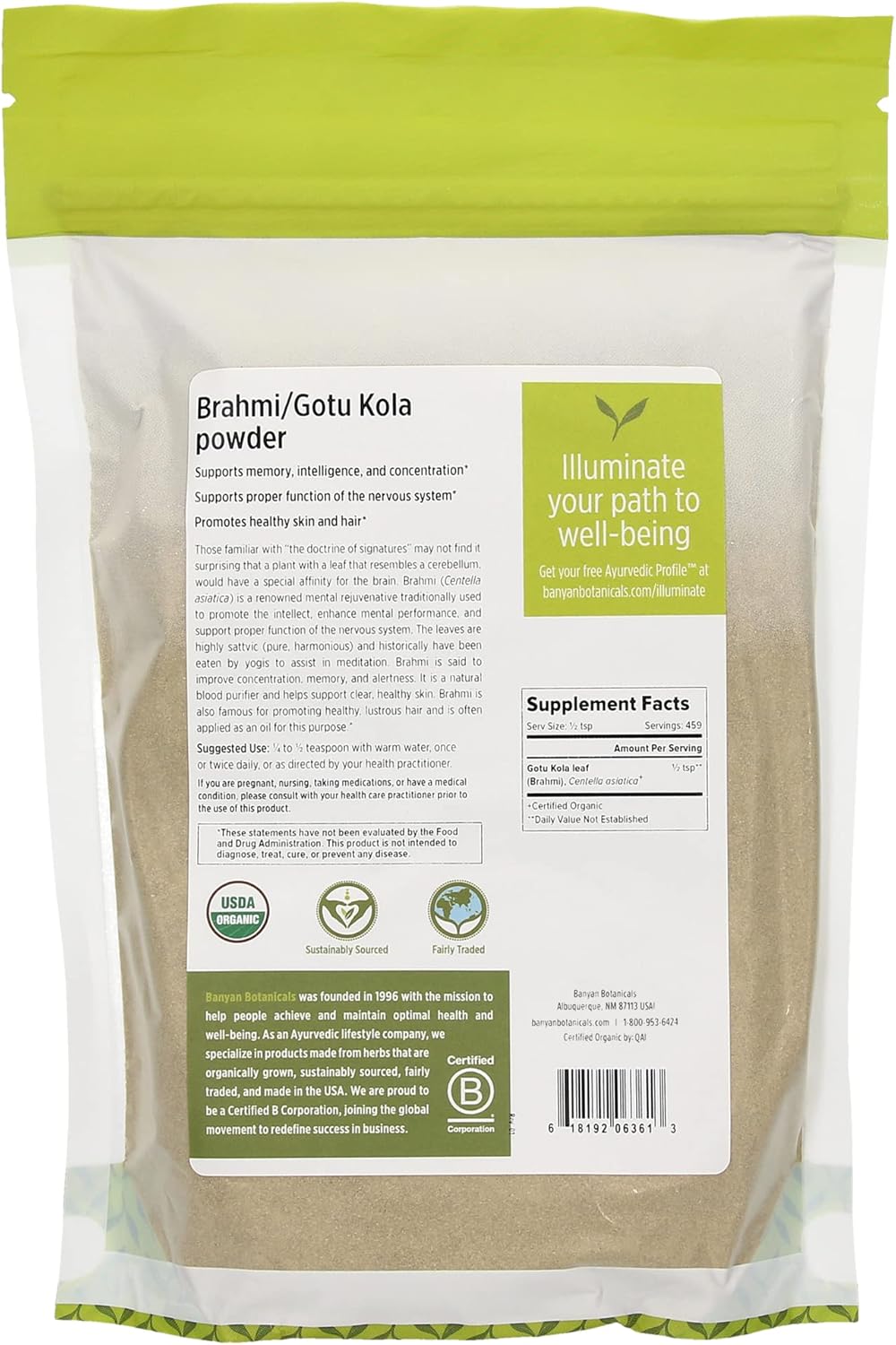 Organic Brahmi/Gotu Kola Powder for Focus, Concentration, Alertness, and Calm - 1 lb. Vegan, Non-GMO, Sustainably Sourced