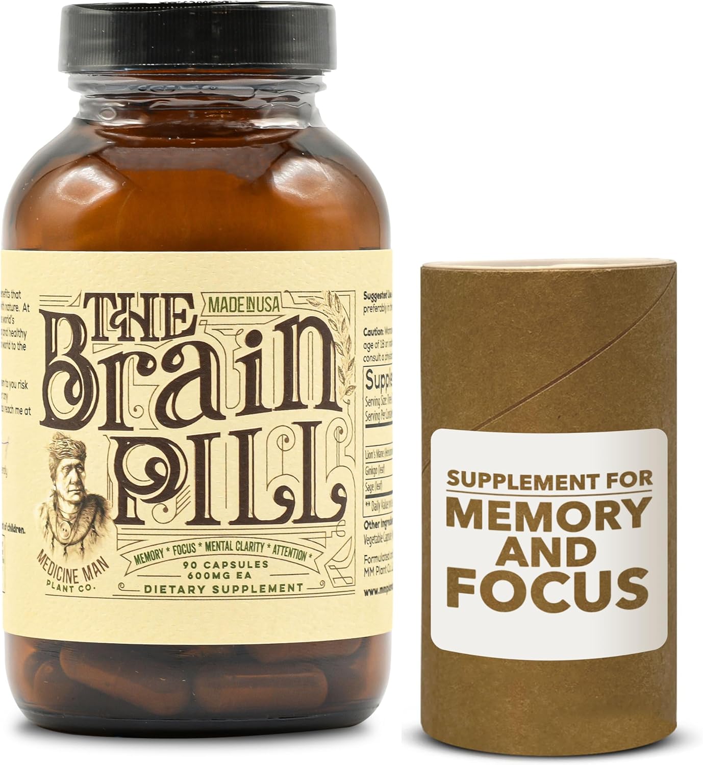 Organic Brain Booster Supplement Capsules with Ginkgo Biloba, Lion’s Mane, and Sage - Memory Pills for Focus, Clarity, and Energy - 90 Capsules by Medicine Man Plant Co