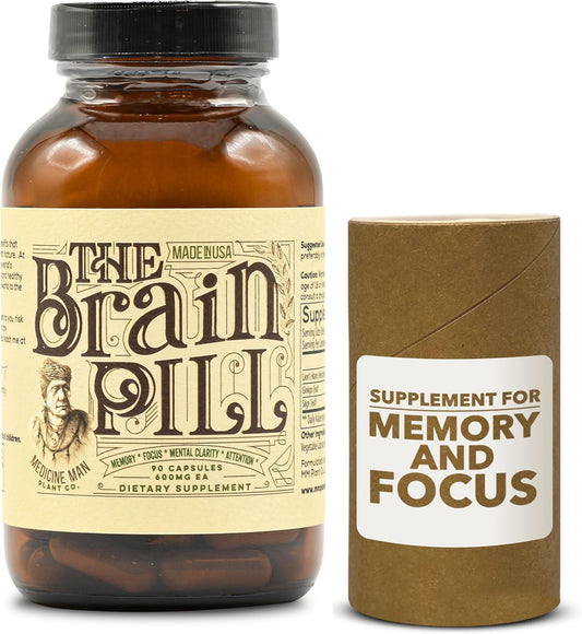 Organic Brain Booster Supplement Capsules with Ginkgo Biloba, Lion’s Mane, and Sage - Memory Pills for Focus, Clarity, and Energy - 90 Capsules by Medicine Man Plant Co