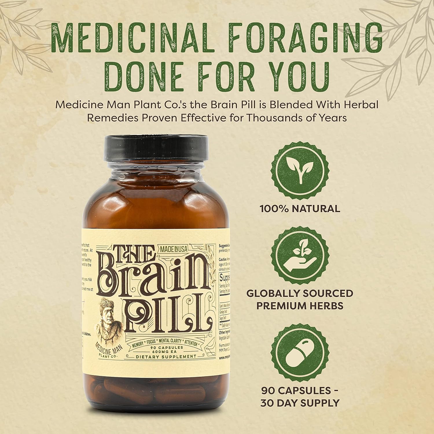 Organic Brain Booster Supplement Capsules with Ginkgo Biloba, Lion’s Mane, and Sage - Memory Pills for Focus, Clarity, and Energy - 90 Capsules by Medicine Man Plant Co