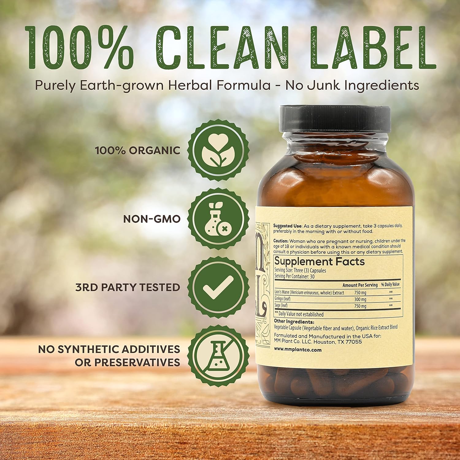 Organic Brain Booster Supplement Capsules with Ginkgo Biloba, Lion’s Mane, and Sage - Memory Pills for Focus, Clarity, and Energy - 90 Capsules by Medicine Man Plant Co