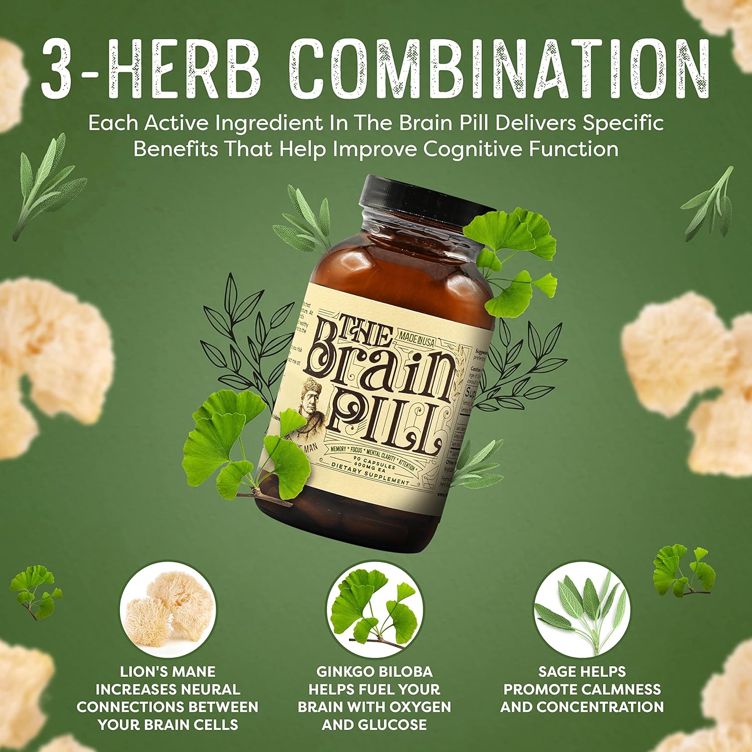 Organic Brain Booster Supplement Capsules with Ginkgo Biloba, Lion’s Mane, and Sage - Memory Pills for Focus, Clarity, and Energy - 90 Capsules by Medicine Man Plant Co